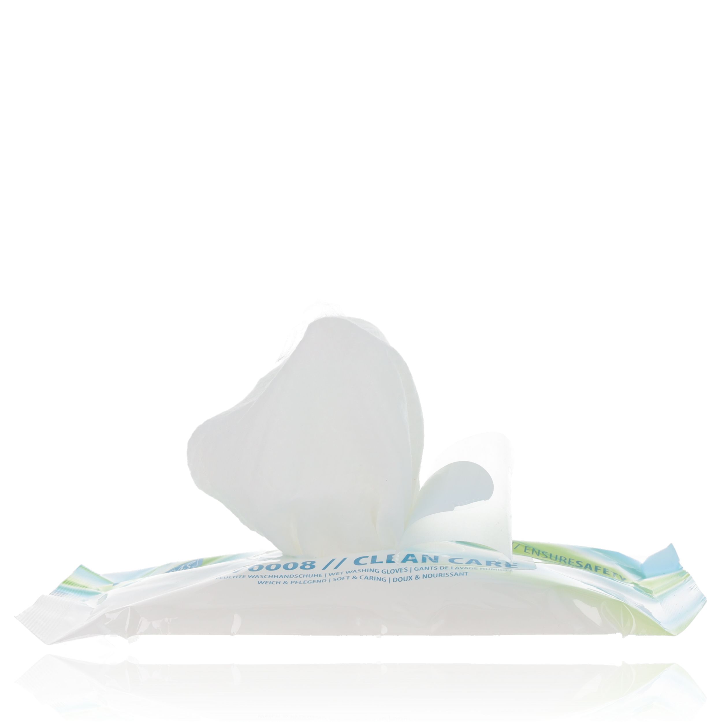 Geöffnete Verpackung von CLEAN CARE Waschhandschuhen. Einzelner Handschuh sichtbar. Für die Körperpflege.