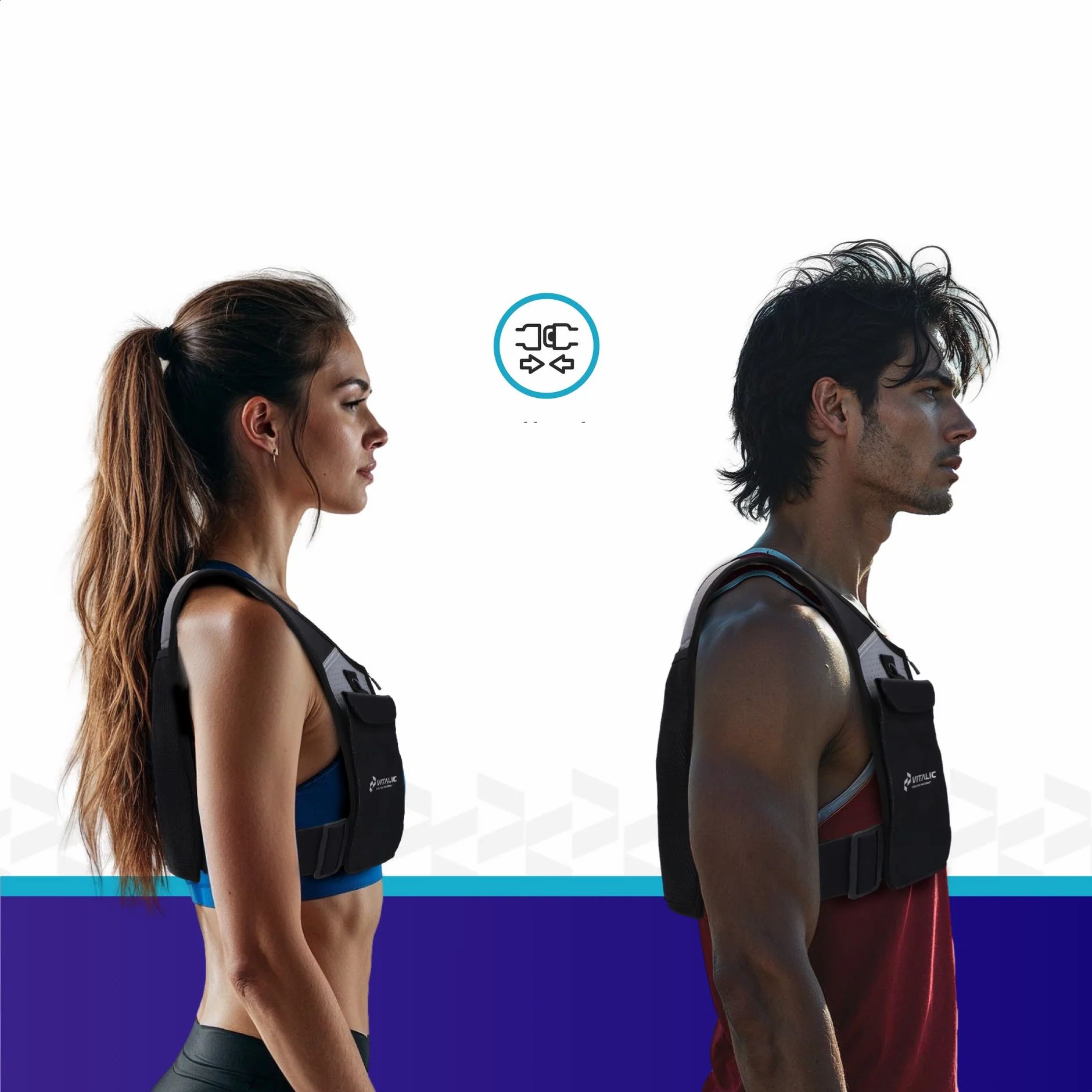 Schwarze Laufweste mit Handyhalterung und Beleuchtung. Zwei Personen tragen die Weste.