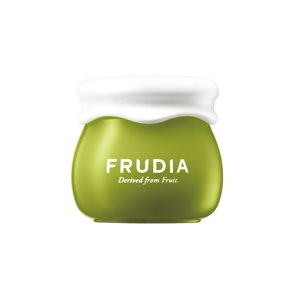 Frudia Avocado Relief Cream in einem glänzend grünen Tiegel mit weißem Deckel.
