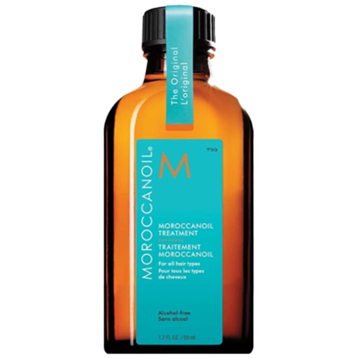Moroccanoil Treatment in brauner Glasflasche mit türkisfarbenem Etikett und schwarzem Verschluss.