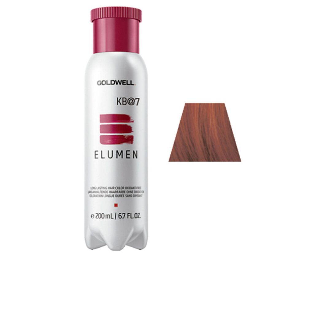 Flasche Goldwell Elumen kb@7 mit rotem Deckel. Daneben Farbmuster in Rotbraun. Text: Elumen, KB@7, 200ml/6.7 FL.OZ.