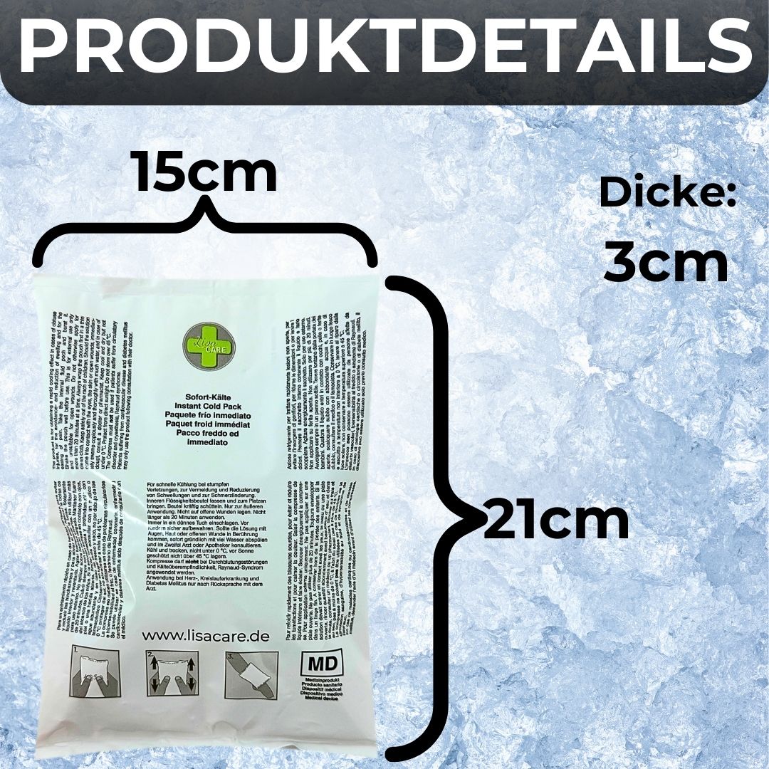 LisaCare Kälte-Sofort Kompresse. Maße: 15x21x3cm. Weiß-grüne Verpackung mit Text. MD-Kennzeichnung. Produkt-Detail-Grafik.