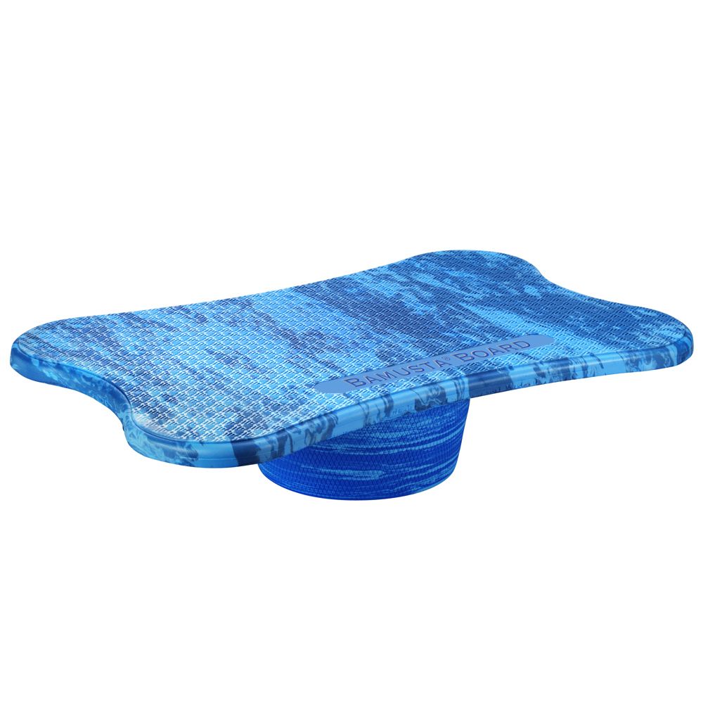 Blaues Balance Board mit gewellter Oberfläche und zylindrischem Sockel. BAMUSTA BOARD Schriftzug sichtbar.