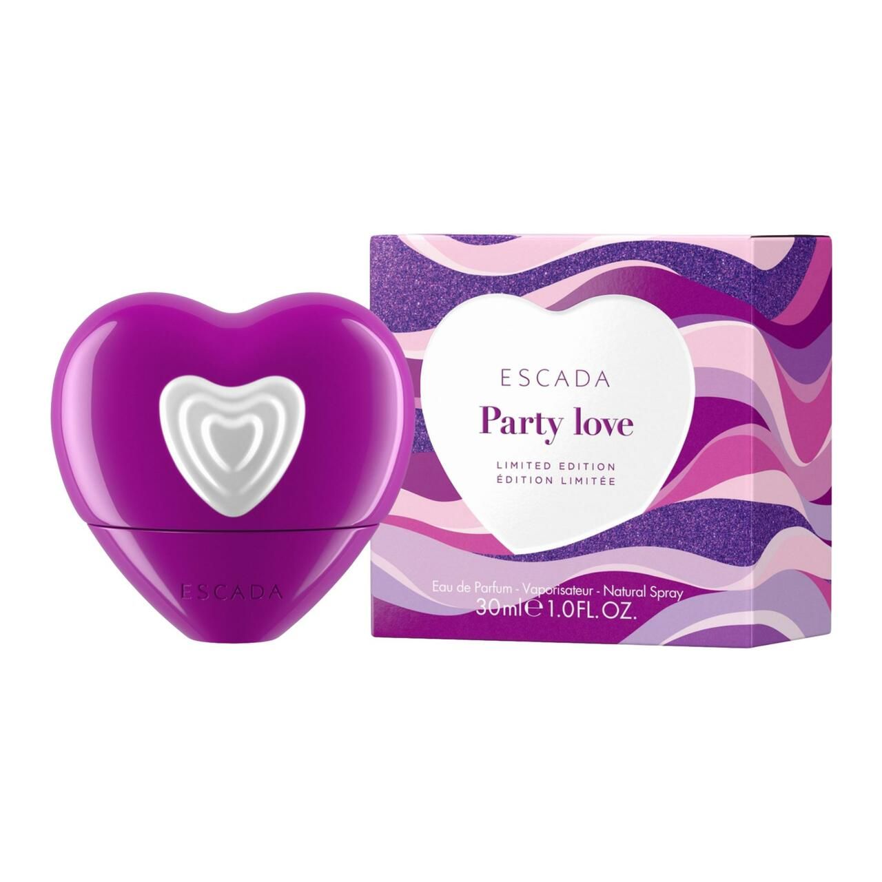 Lila Herzflakon und Schachtel. Auf der Schachtel: ESCADA Party Love, Limited Edition.
