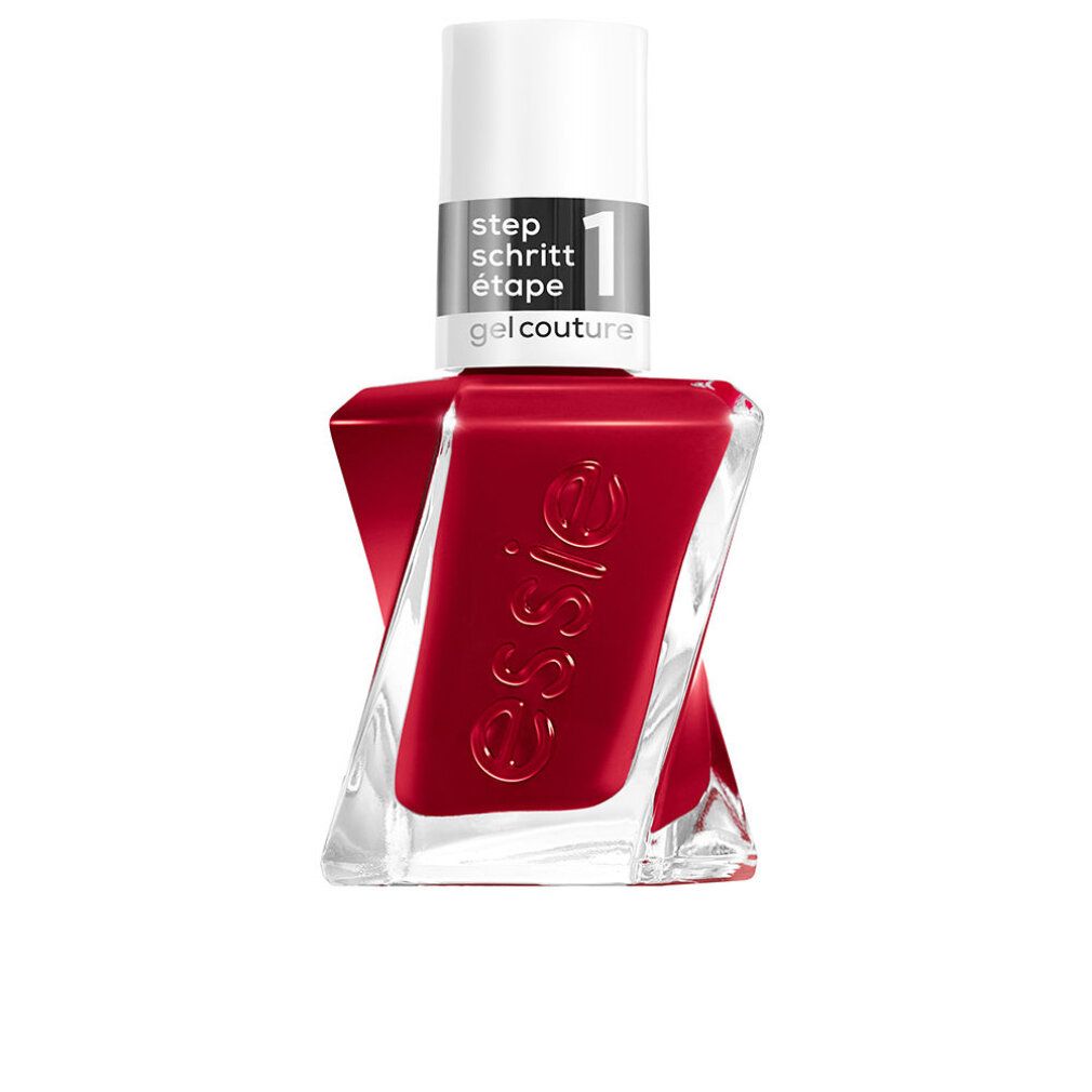 Roter Nagellack in einer transparenten, schrägen Flasche. Weißer Deckel mit "step schritt étape gel couture"-Schriftzug.