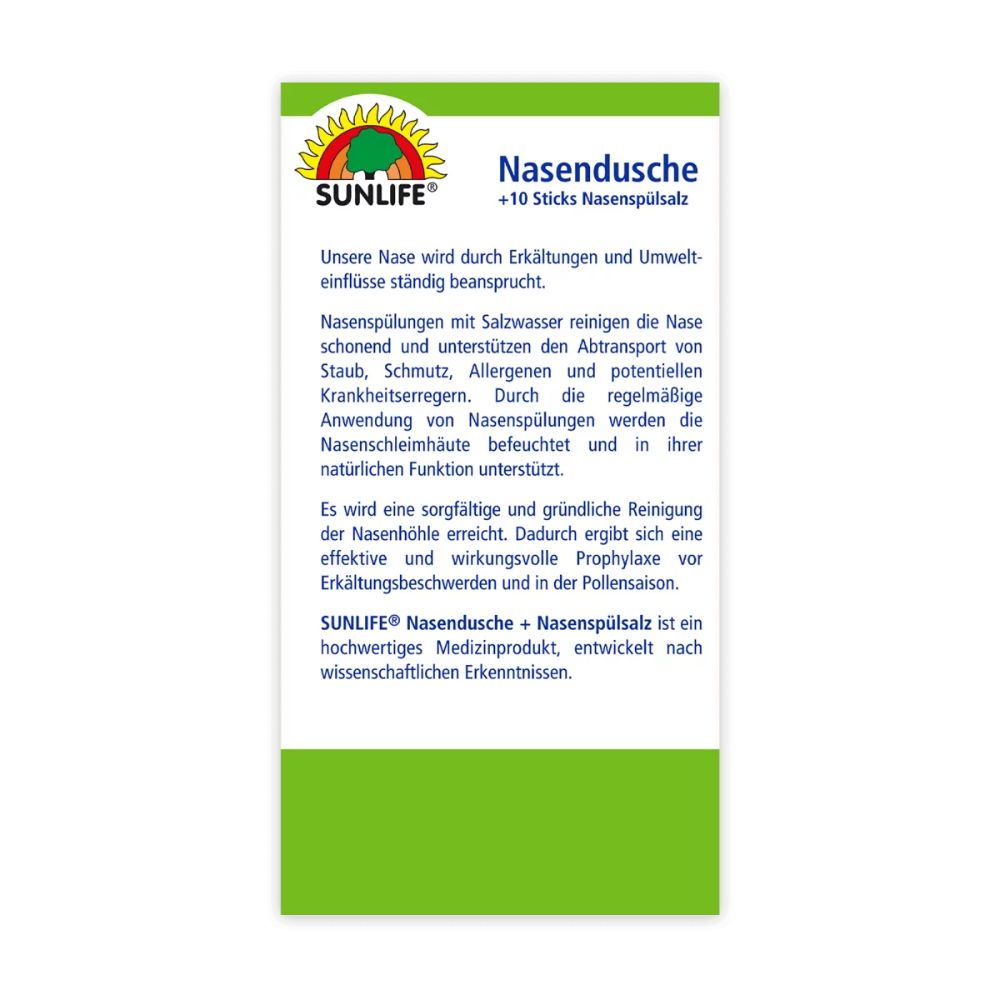 Rückseite der Verpackung von Sunlife Nasendusche + 10 Sticks Nasenspülsalz. Enthält Informationen zur Anwendung und Dosierung des Produkts.