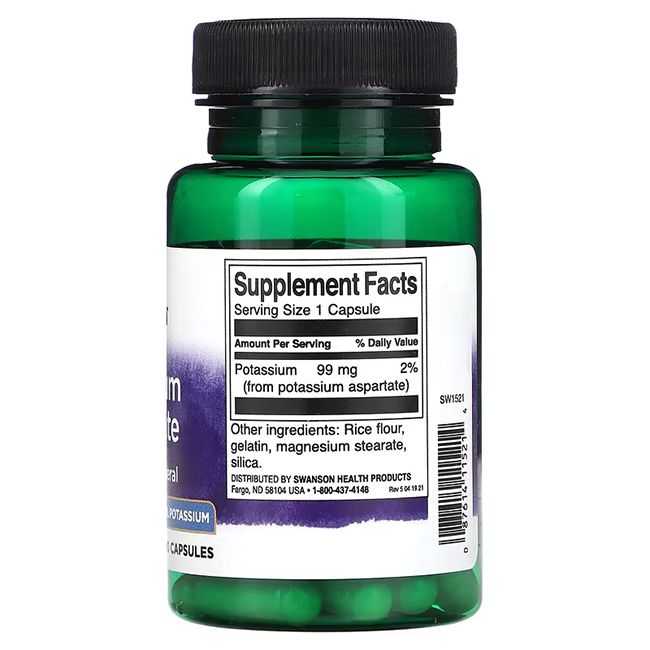 Rückseite einer grünen Flasche. Aufschrift: Supplement Facts, Potassium 99 mg, Zutaten, Swanson Health Products.