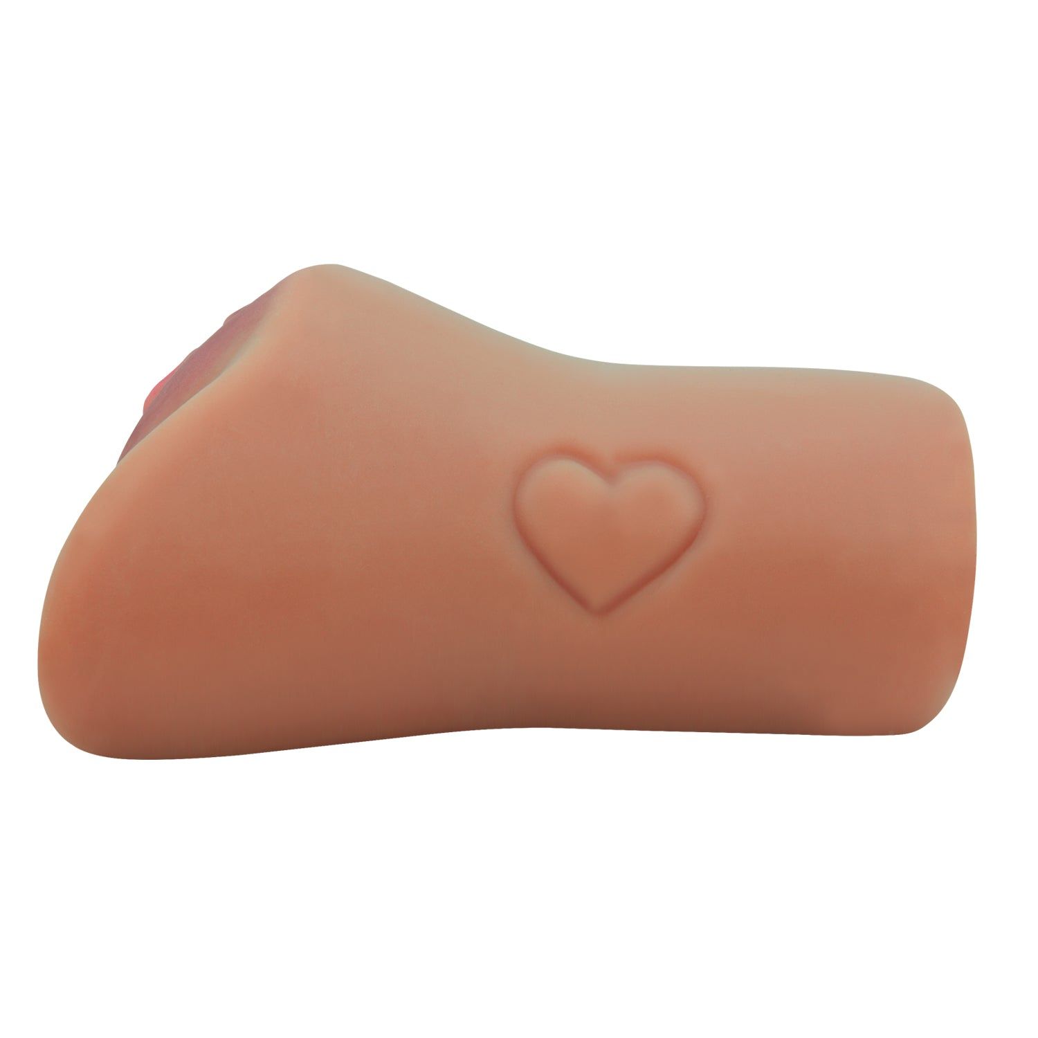 Fleischfarbenes Masturbationsgerät, Seitenansicht. Herzförmige Prägung. Gerippte Innenseite. Rosa farbener Bereich.