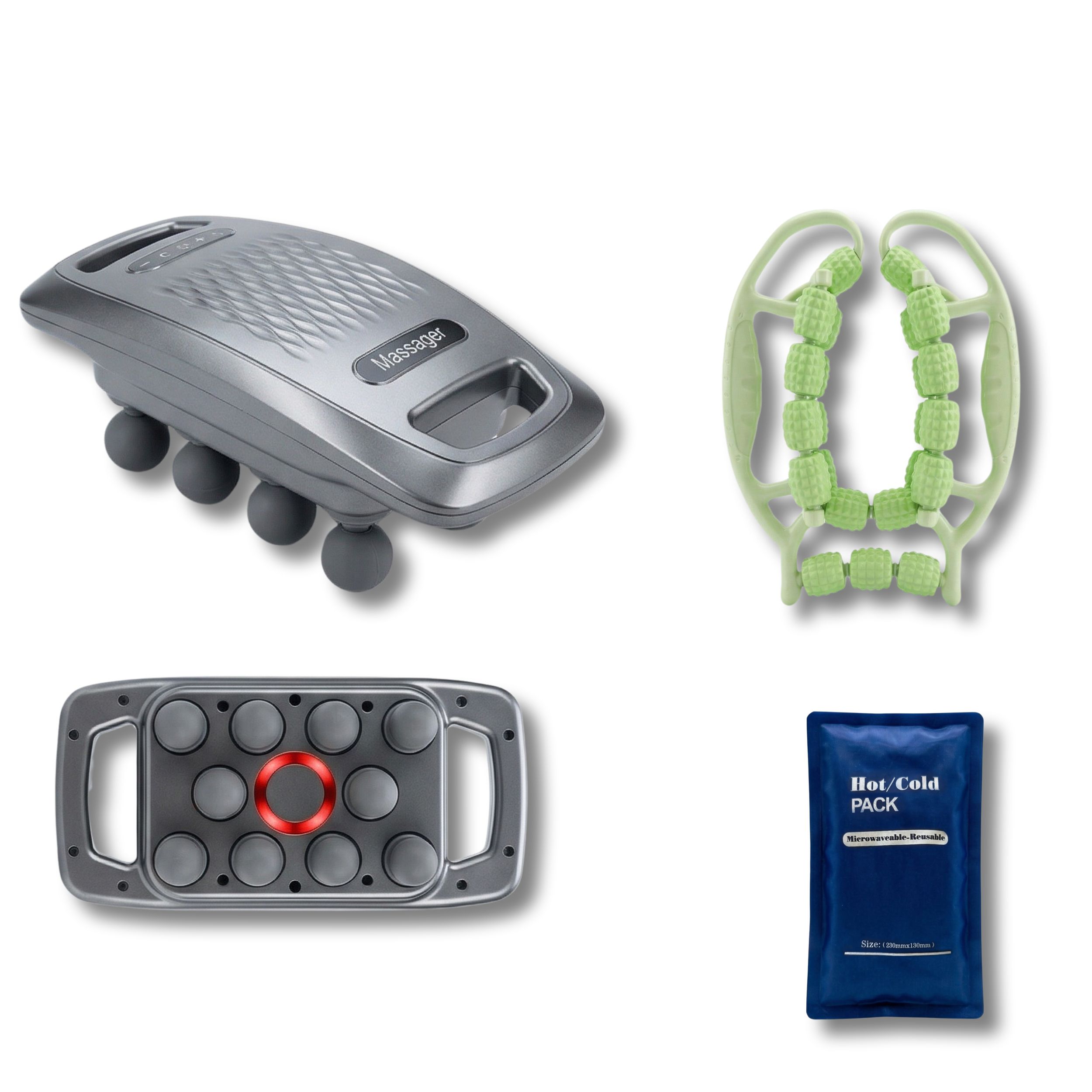Massagegerät, Muskelrolle und Gelpack. Massagegerät grau, mit Kugeln. Muskelrolle grün. Gelpack blau, mit Aufschrift.