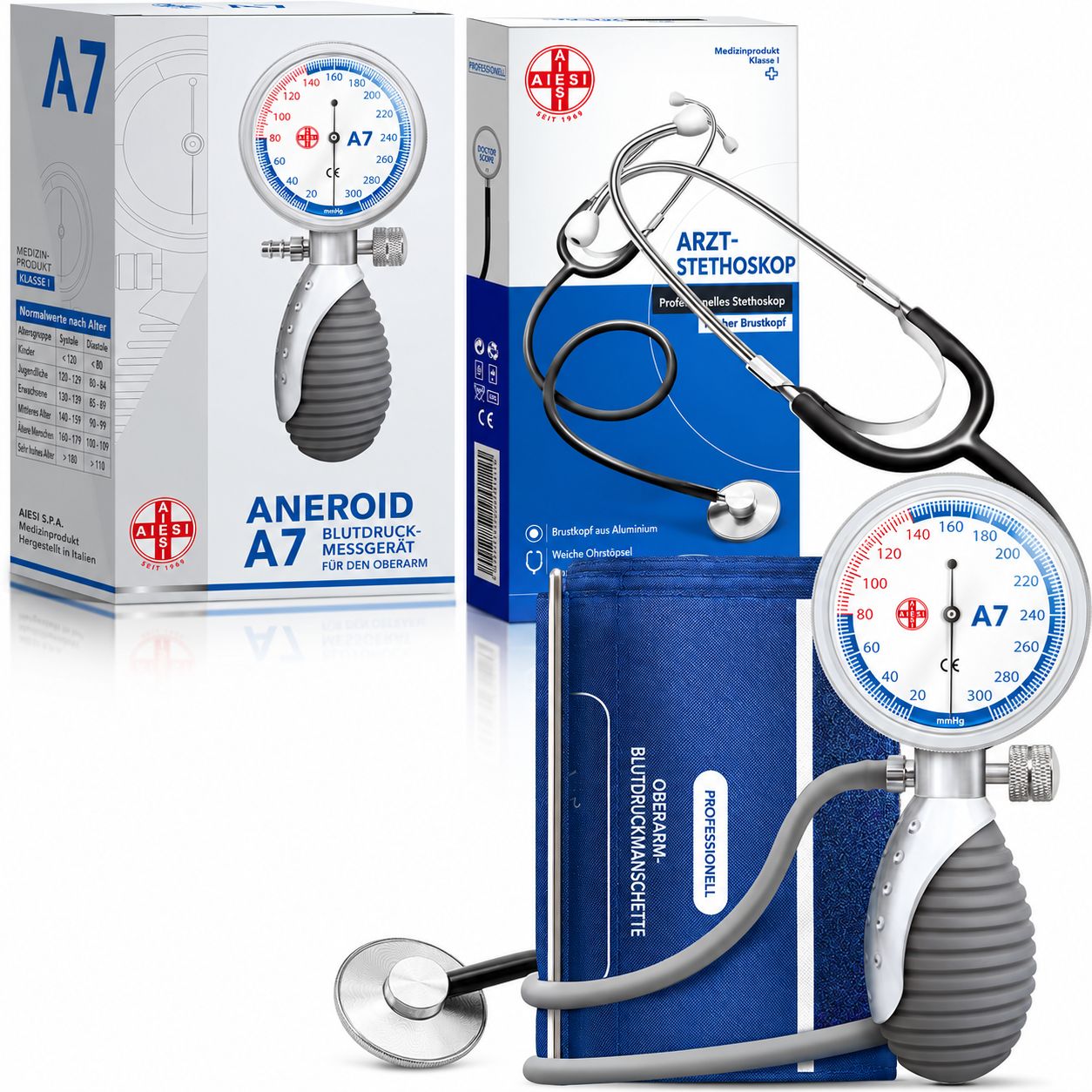 Aneroid-Blutdruckmessgerät A7 und Arzt-Stethoskop mit Manschette.