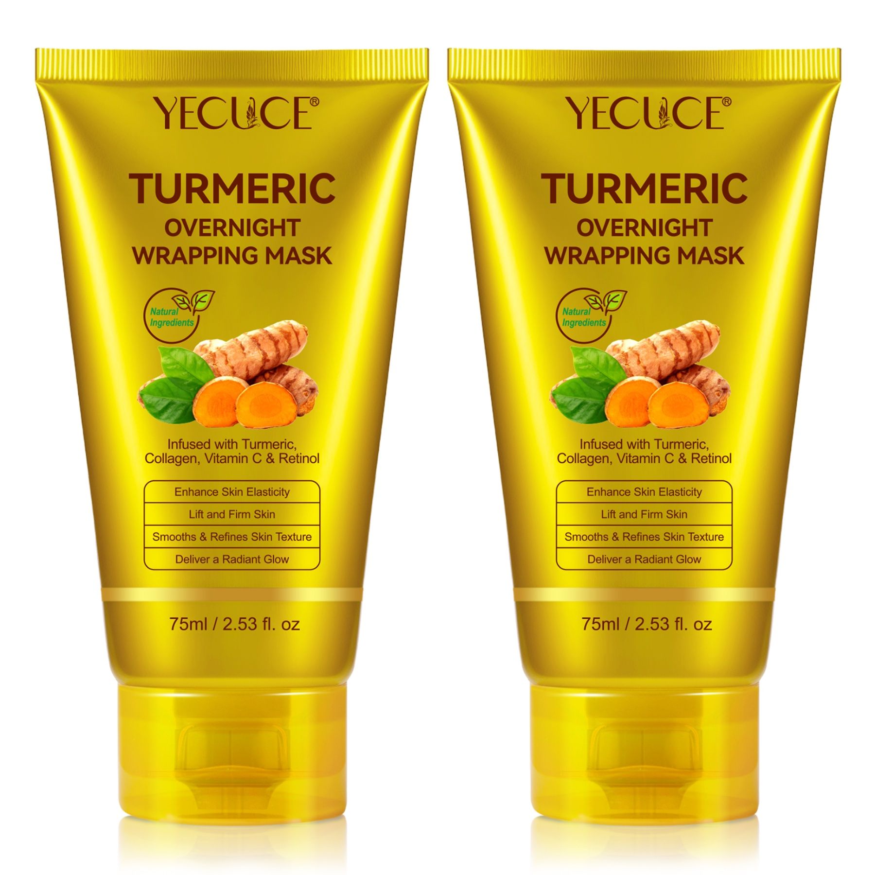 Zwei gelbe Tuben. Aufschrift: Turmeric Overnight Wrapping Mask. 75ml/2.53 fl. oz.