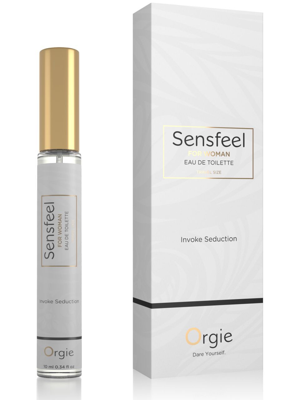 Zylindrische Flasche und Verpackung. Text: Sensfeel, Eau de Toilette, Invoke Seduction, Orgie. 10 ml.