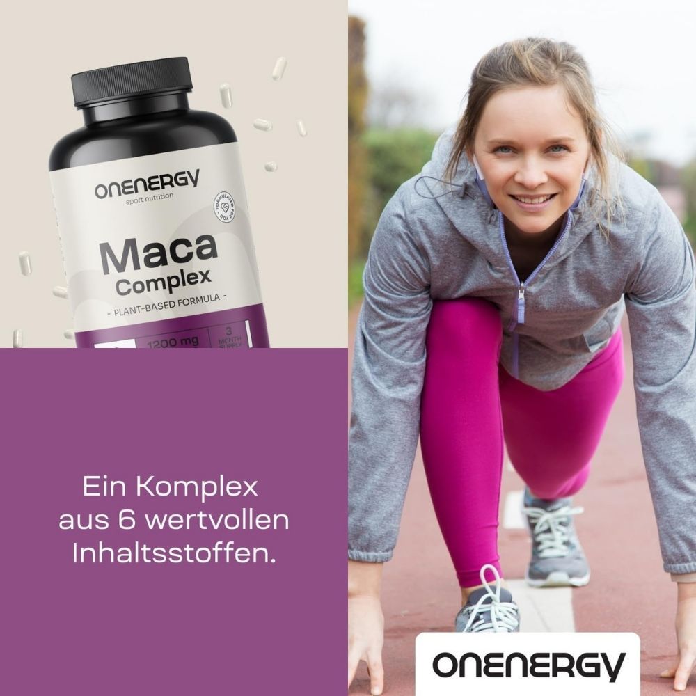 Produktflasche "OnEnergy Maca Komplex" neben einer Frau, die Sport treibt. Text: Ein Komplex aus 6 wertvollen Inhaltsstoffen.