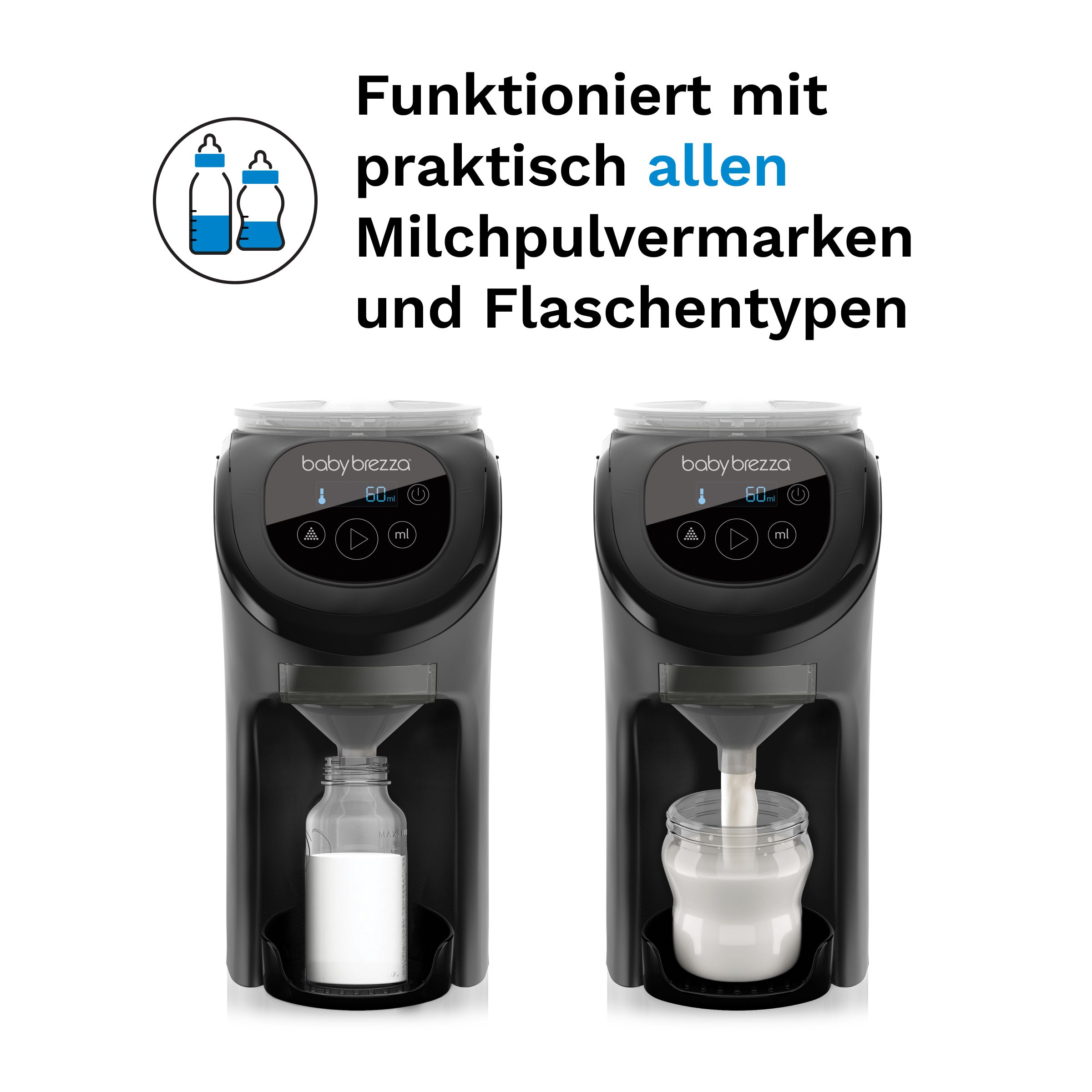 Zwei Baby Brezza Milchzubereiter im Vergleich: links mit Flasche, rechts mit Glas.