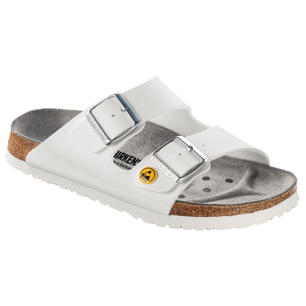 Weiße Sandalen mit zwei Riemen und Schnallen. Korkfußbett, ESD-Symbol. Marke Birkenstock.