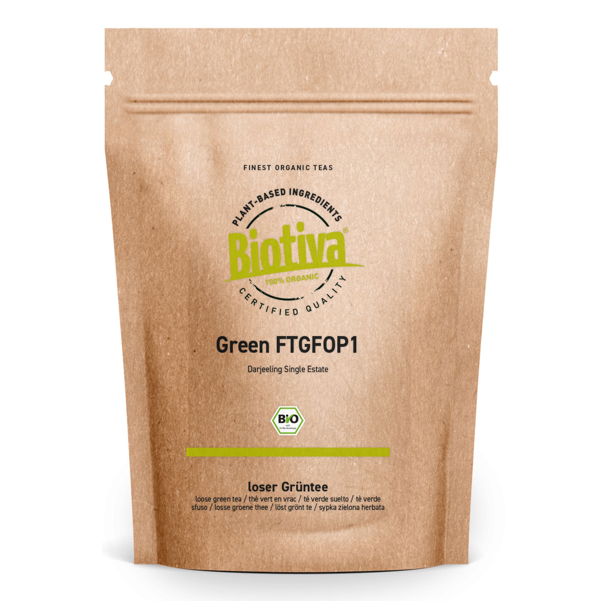 Beutel mit Biotiva Darjeeling FTGFOP1 Grüntee Bio. Braune Papierverpackung mit grünem Logo und Text. Bio-Zertifizierung.