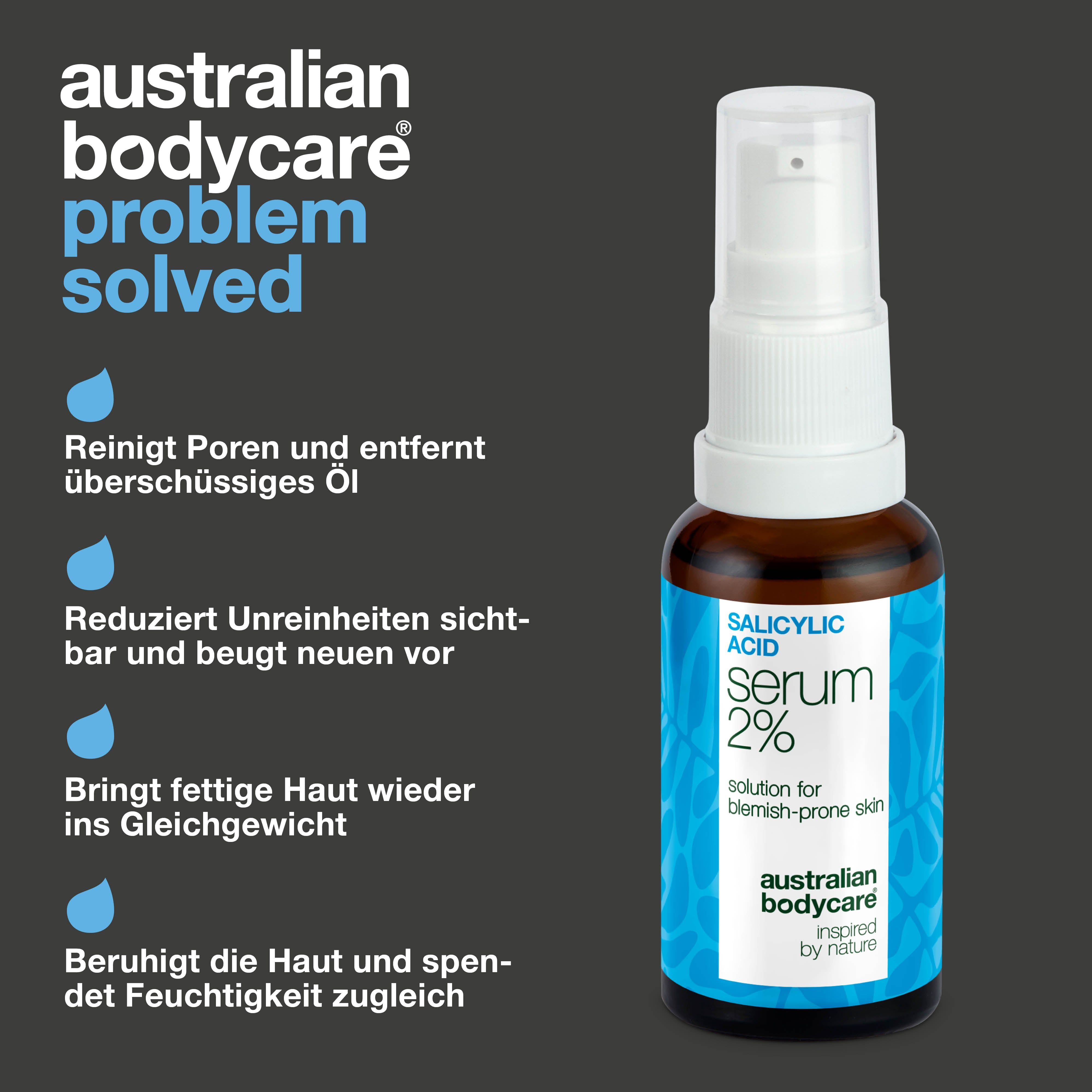 Flasche mit Serum, Text: Salicylic Acid Serum 2%, australian bodycare. Text: Problem gelöst.