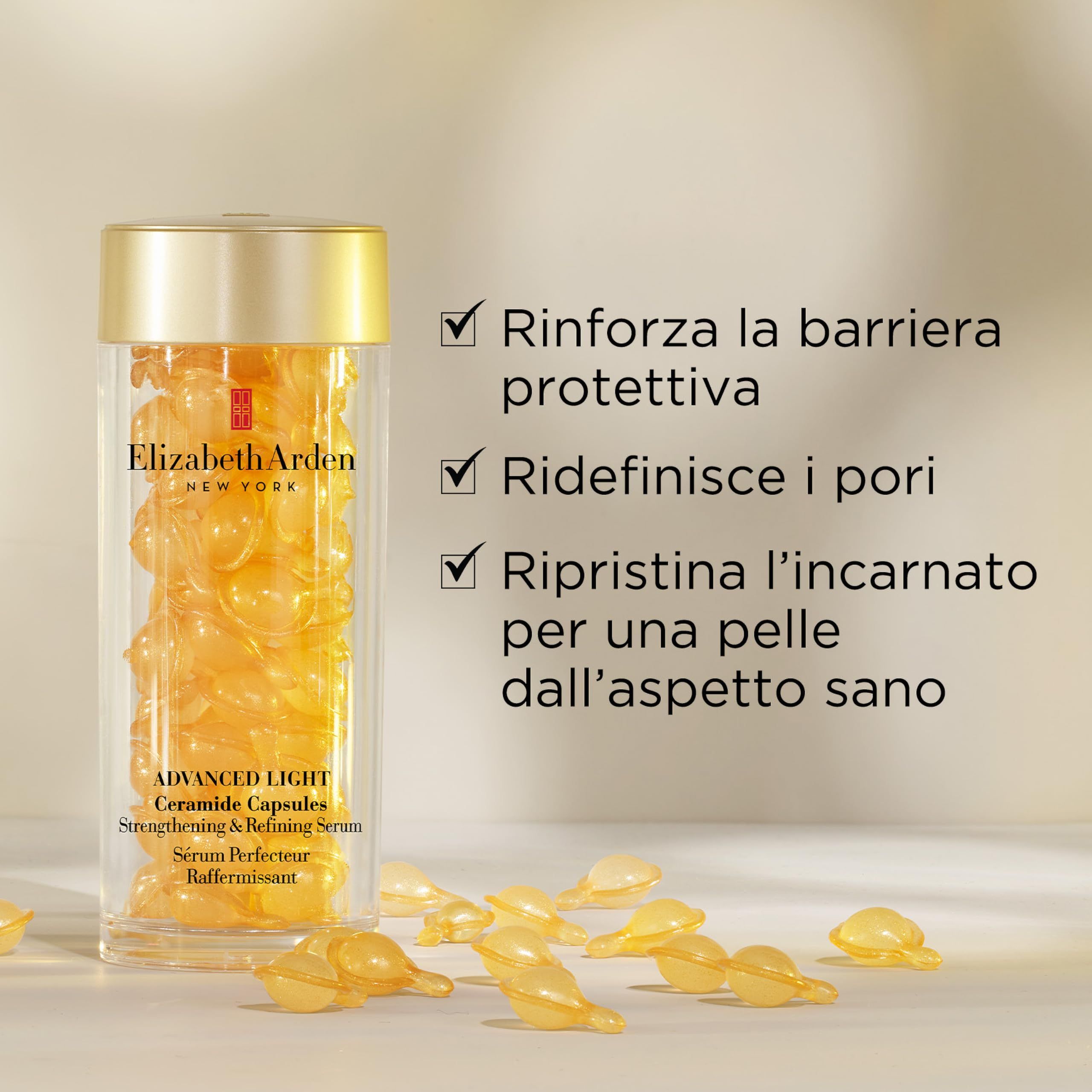 Produkt mit Kapseln. Text: Elizabeth Arden NEW YORK, Advanced Light Ceramide Capsules, Strengthening & Refining Serum, Serum Perfecteur Raffermissant. Text: Rinforza la barriera protettiva, R.