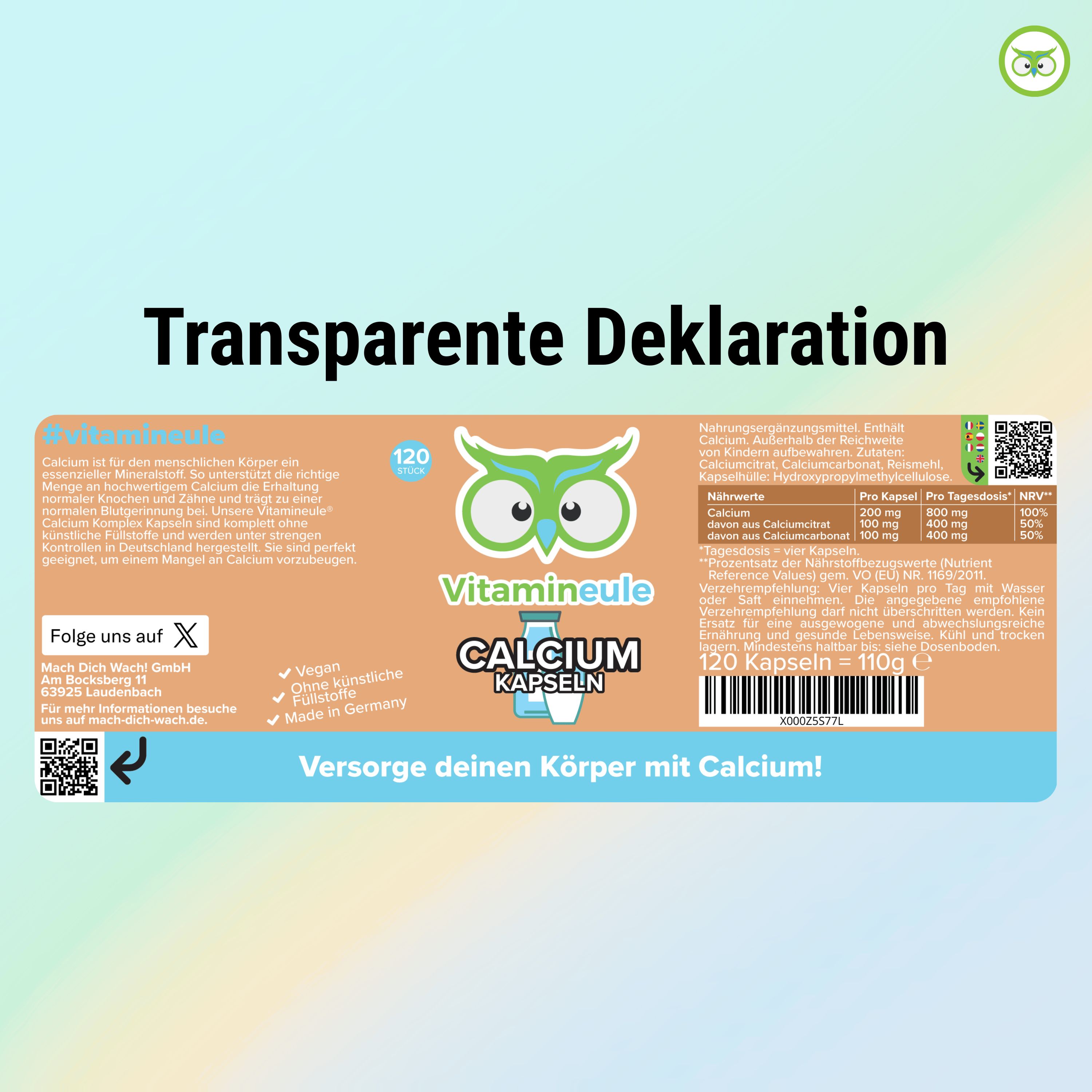 Produktetikett: Calcium Kapseln, 120 Kapseln, Vitamineule Logo. Inhaltsstoffe, Nährwertangaben, QR-Code. Transparente Deklaration. Versorge deinen Körper mit Calcium!