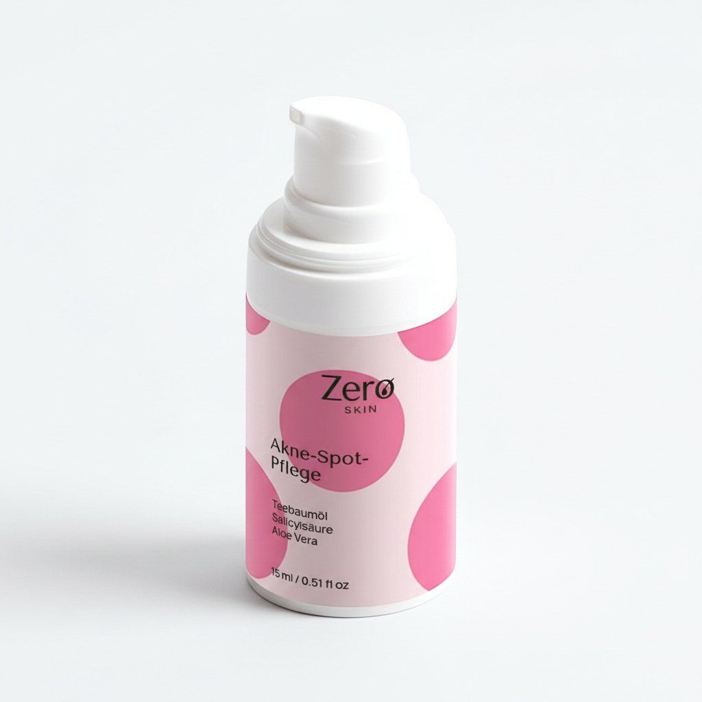 Zero Skin Akne-Spot-Pflege Flasche mit Pumpspender. Enthält Teebaumöl, Salicylsäure, Aloe Vera. 15 ml / 0.51 fl oz.