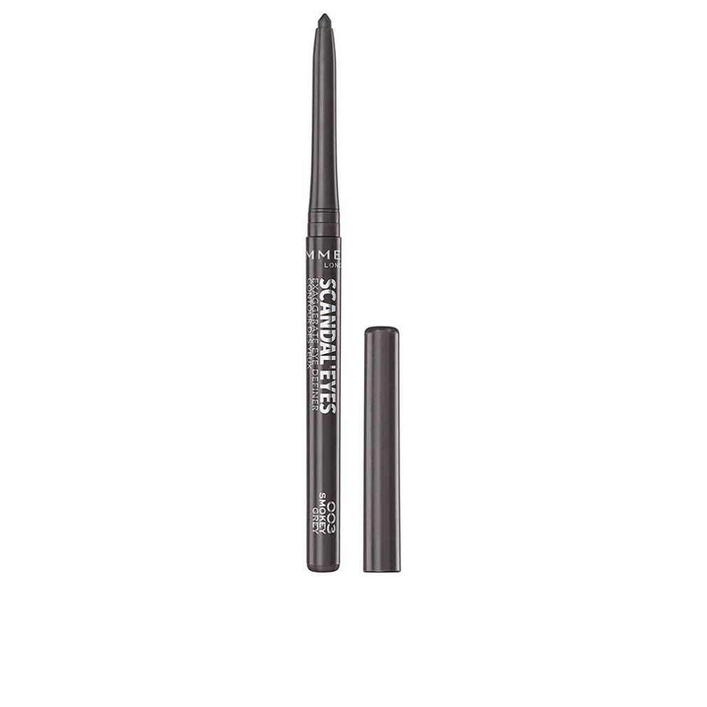 Grauer Rimmel London Scandaleyes Automatic Eyeliner. Schwarzer Stift mit grauer Mine, Kappe daneben. Produktname und Farbton aufgedruckt.