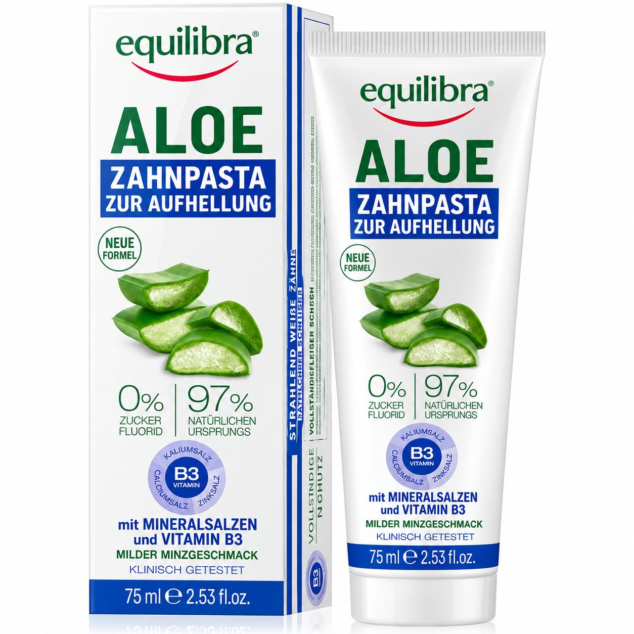 Equilibra Aloe Zahnpasta zur Aufhellung Tube und Karton, 75 ml.