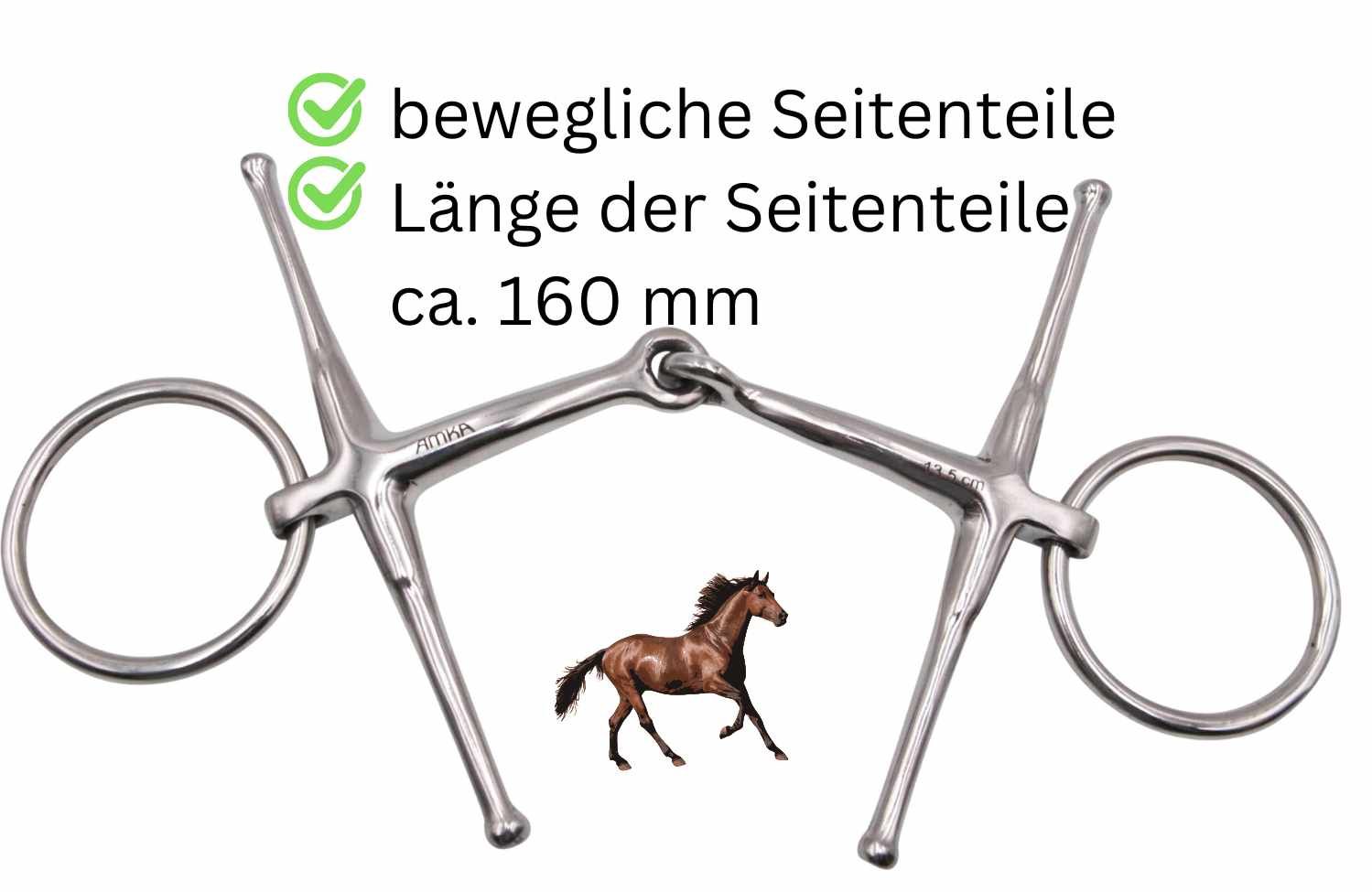 Schenkeltrense aus Metall mit beweglichen Seitenteilen. Länge ca. 160 mm. Abbildung eines Pferdes.