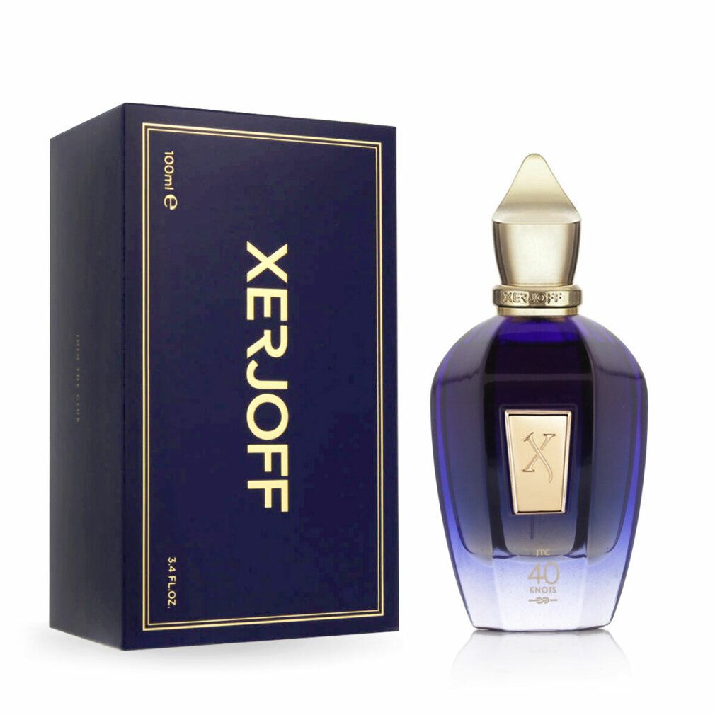 Blau-goldene Schachtel und Flakon. Flakon mit goldfarbenem Verschluss und Etikett 'X'. Text: 'XERJOFF'.