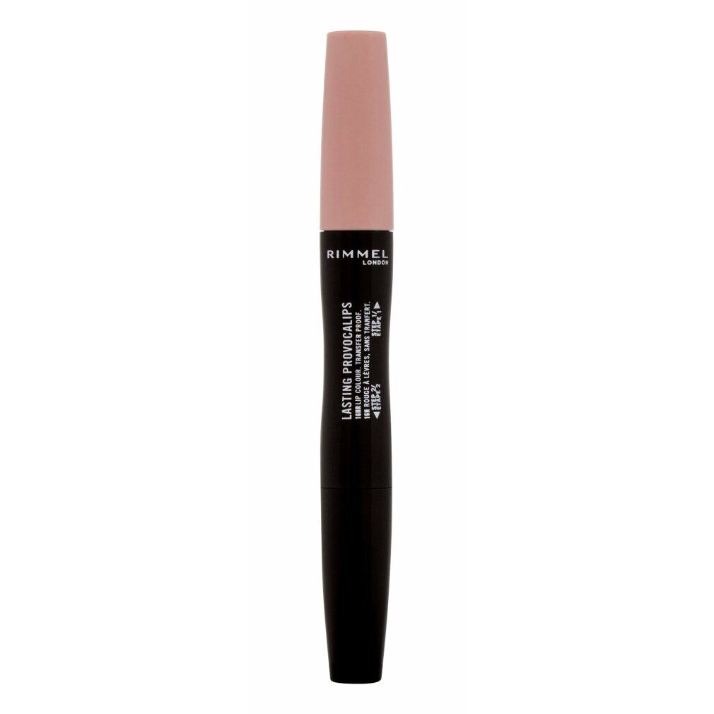 Lippenstift mit schwarzem Gehäuse und rosafarbenem Deckel. Aufschrift: Rimmel London Lasting Provocalips.