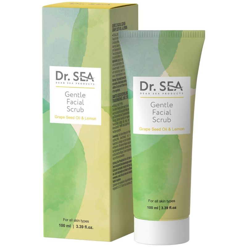 Gesichtspeeling-Tube und Schachtel. Aufschrift: Dr. SEA, Gentle Facial Scrub, Grape Seed Oil & Lemon. Für alle Hauttypen.