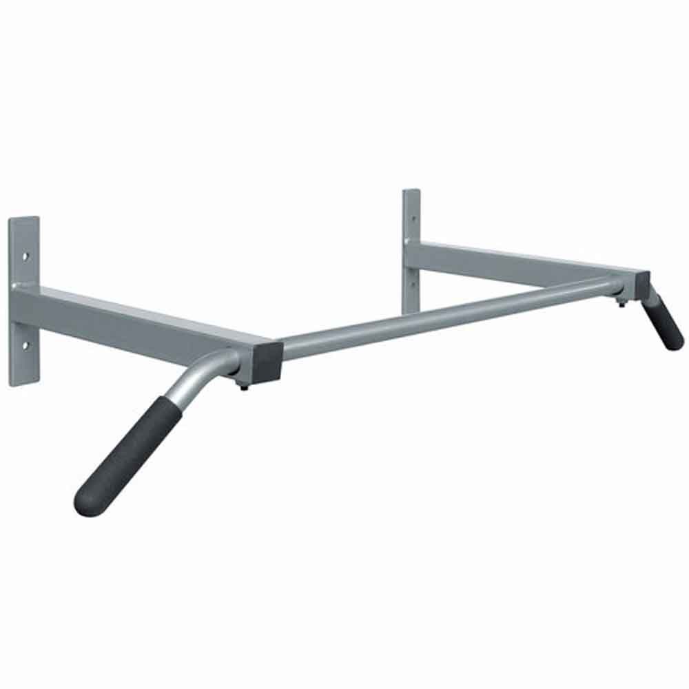 Wandmontierte Klimmzugstange aus Metall mit gummierten Griffen.