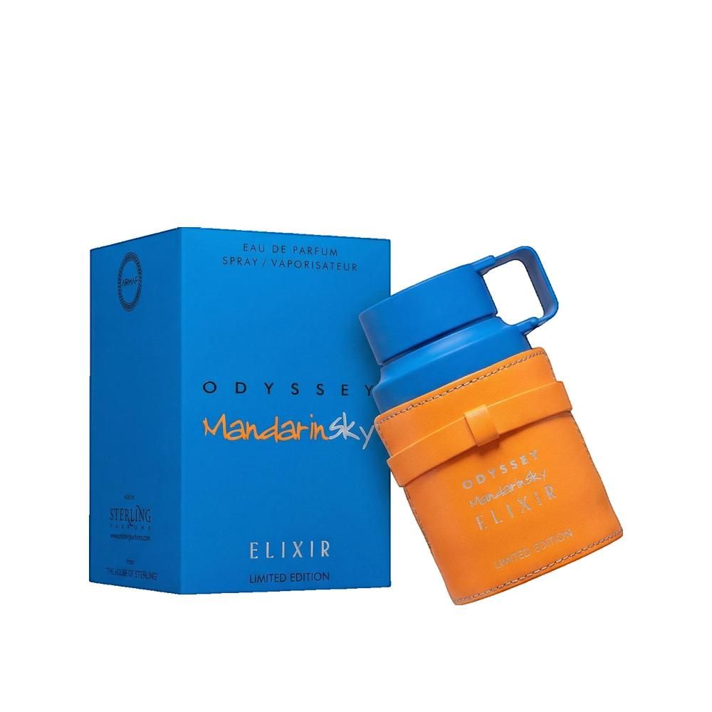 Blauer Karton und Flakon. Flakon mit orangefarbener Hülle. Aufschrift: Odyssey Mandarin Sky Elixir. Eau de Parfum.