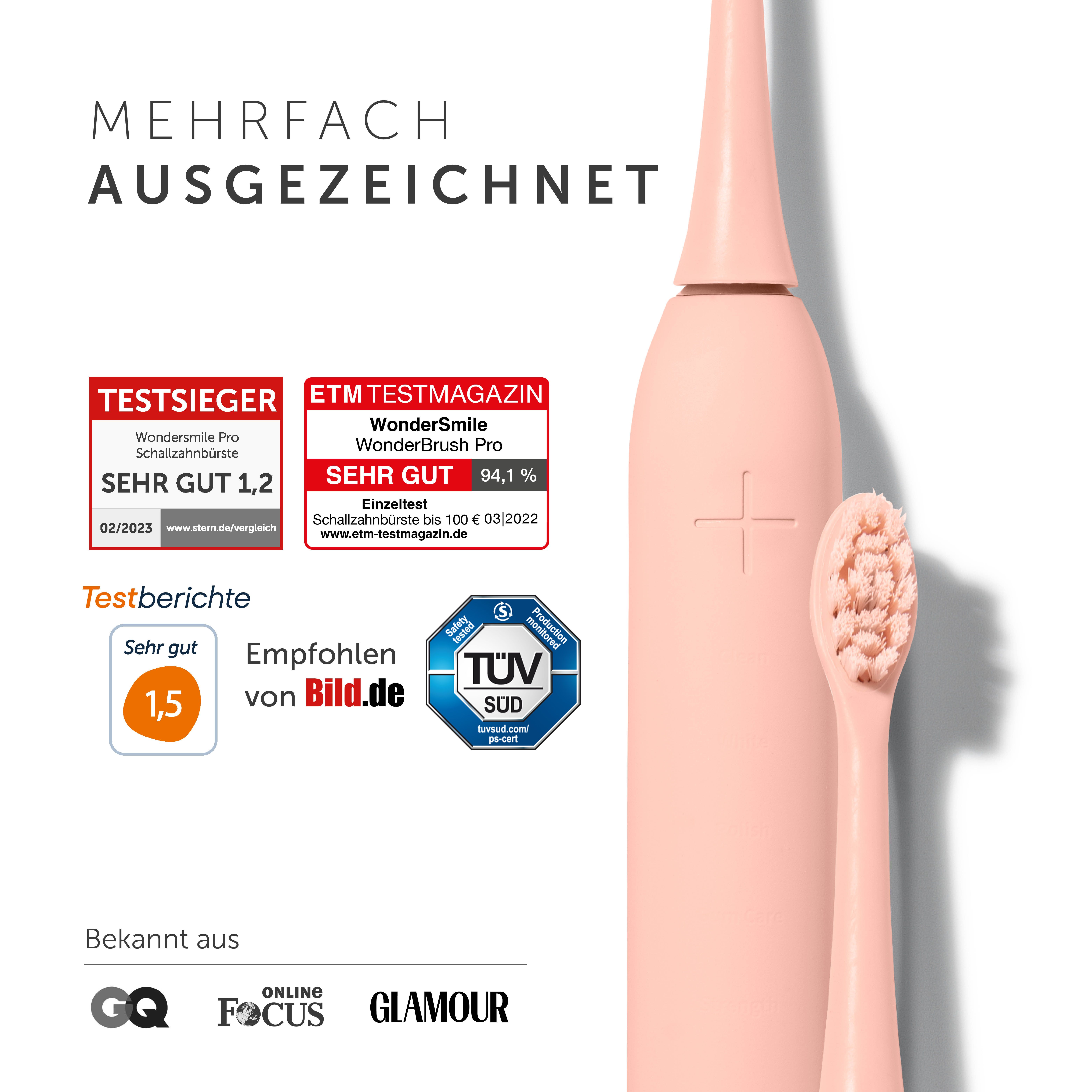 Rosa Zahnbürste mit zwei Bürstenköpfen. Auszeichnungen: Testsieger, ETM Testmagazin, TÜV SÜD. Logos von GQ, Focus, Glamour.