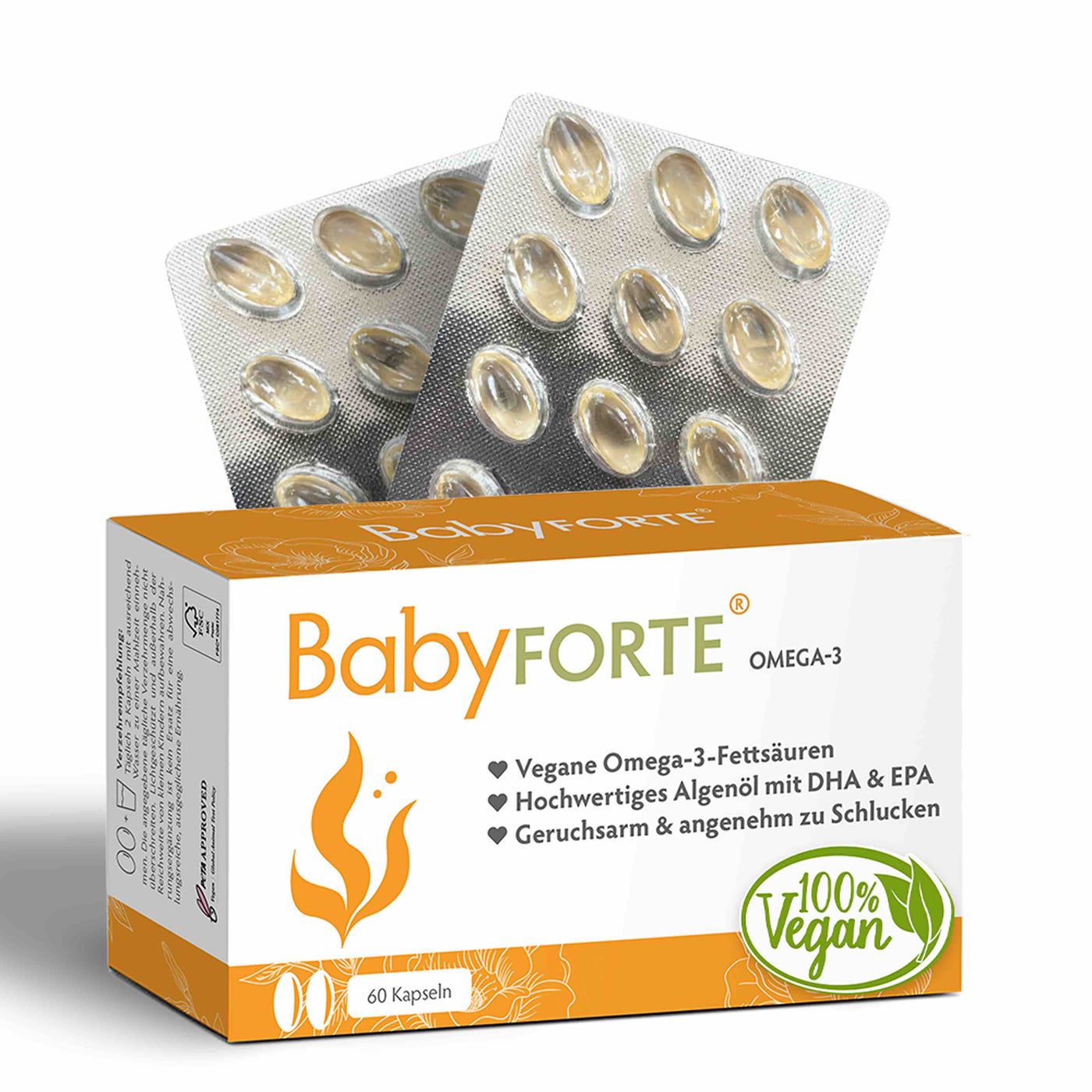 BabyFORTE Omega-3-Packung mit Kapseln in Blistern. 100% Vegan-Siegel. 60 Kapseln. Orangefarbene Verpackung mit Produktnamen und Logos.