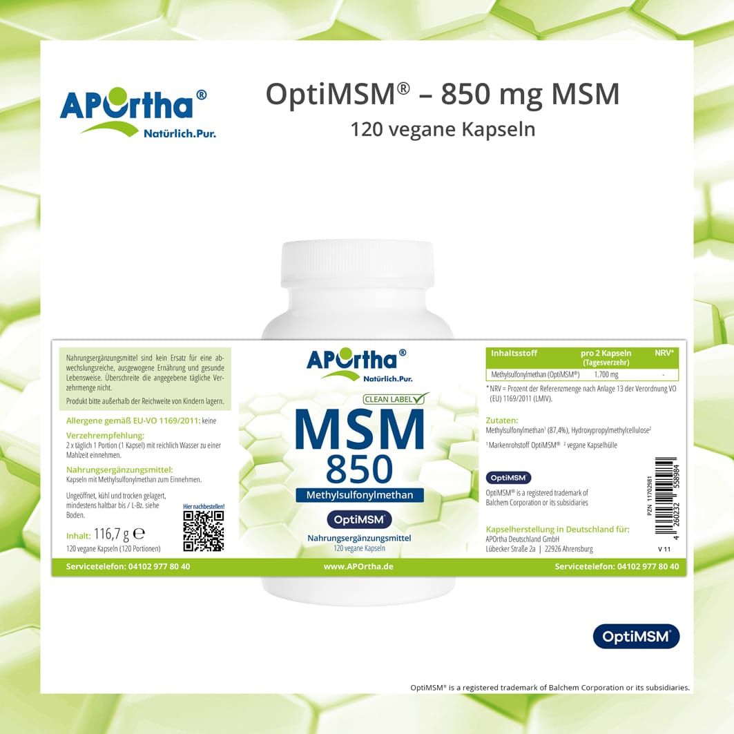 Weiße Flasche mit Etikett. APOrtha MSM 850, Methylsulfonylmethan. Nährwertangaben, Inhaltsstoffe, Herstellerinformationen. 120 vegane Kapseln.