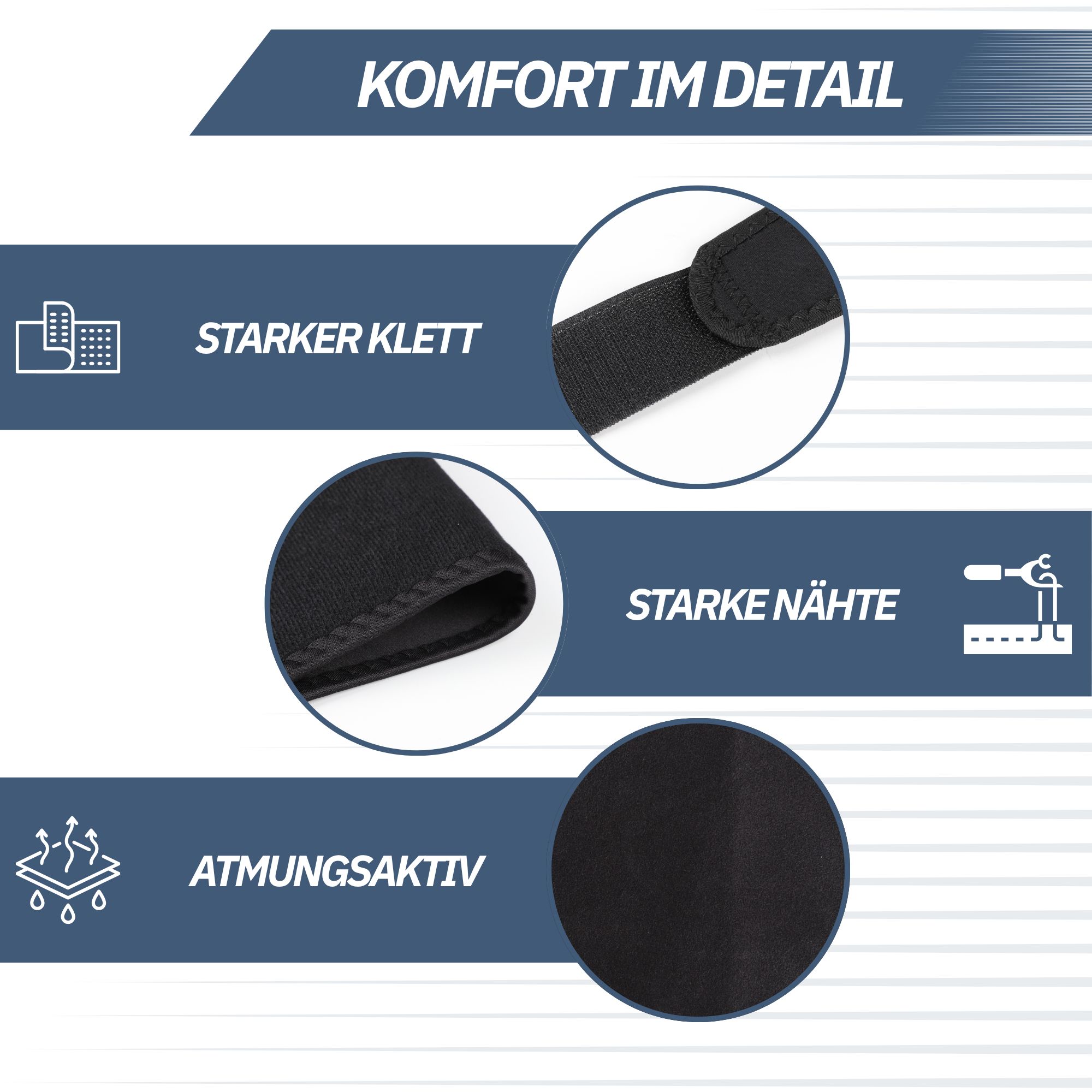 Detailansicht eines schwarzen Bandes mit Klettverschluss, starken Nähten und atmungsaktivem Material.