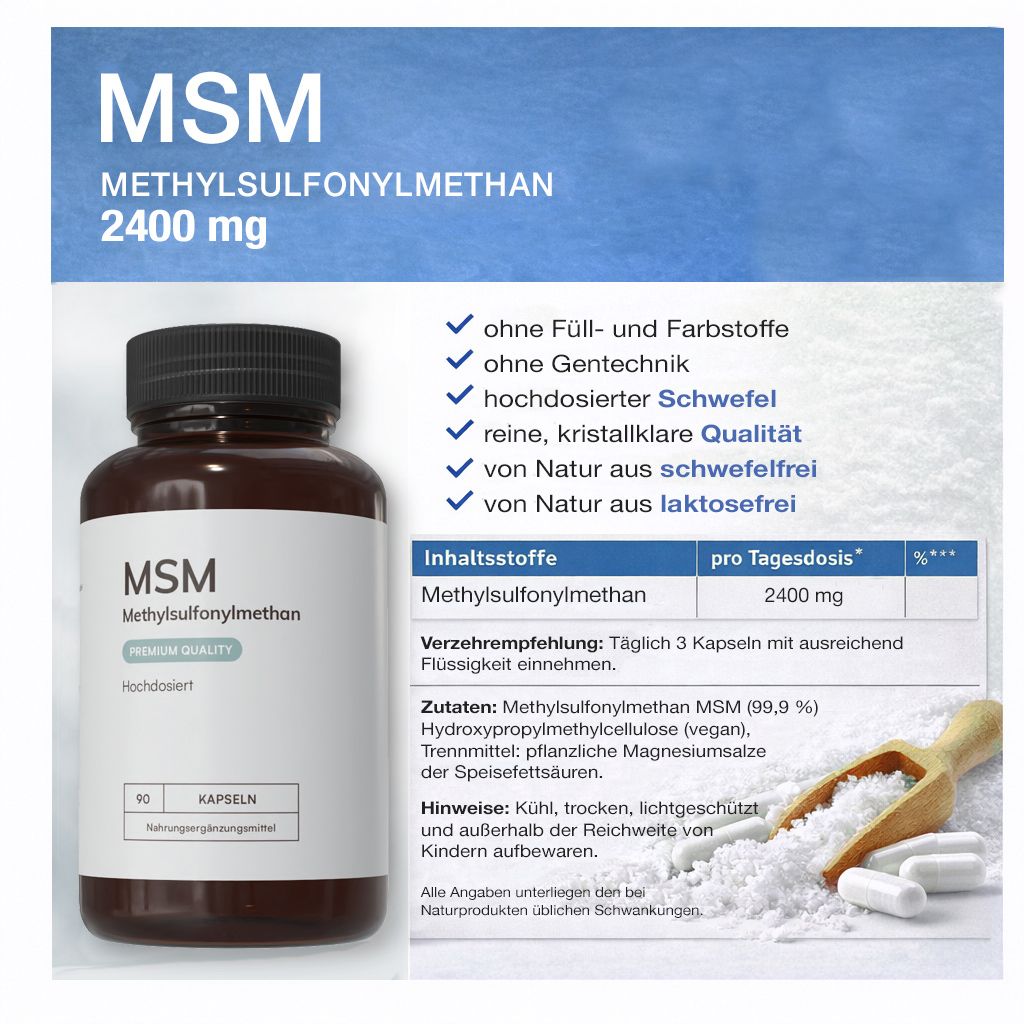 Braune Kapsel-Dose mit weißem Etikett. Aufschrift: MSM Methylsulfonylmethan, 2400 mg. Zusätzliche Informationen. Inhaltsstoffe, Dosierung, und Zutaten sind aufgeführt.