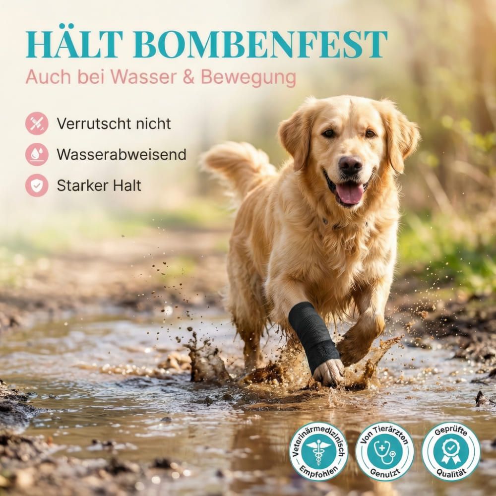 Ein Hund läuft durch Wasser, an einem Bein ist eine schwarze Bandage. Text: HÄLT BOMBENFEST, Auch bei Wasser & Bewegung.