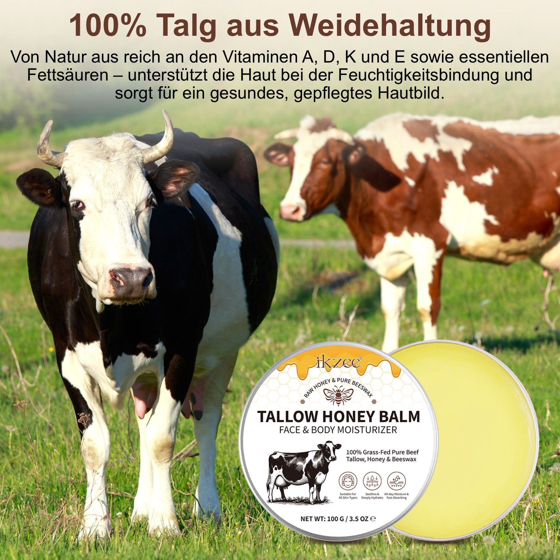 Zwei Kühe auf einer Wiese, daneben Dose 'Tallow Honey Balm'. Text: 100% Talg aus Weidehaltung.