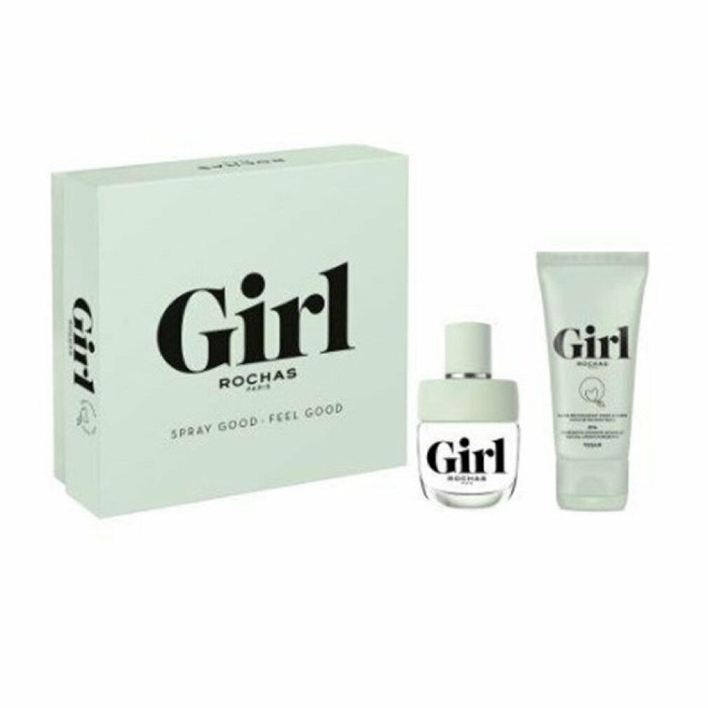 Geschenkset mit hellgrüner Box, Flakon und Tube. Auf der Box steht "Girl Rochas". Flakon und Tube tragen ebenfalls "Girl".