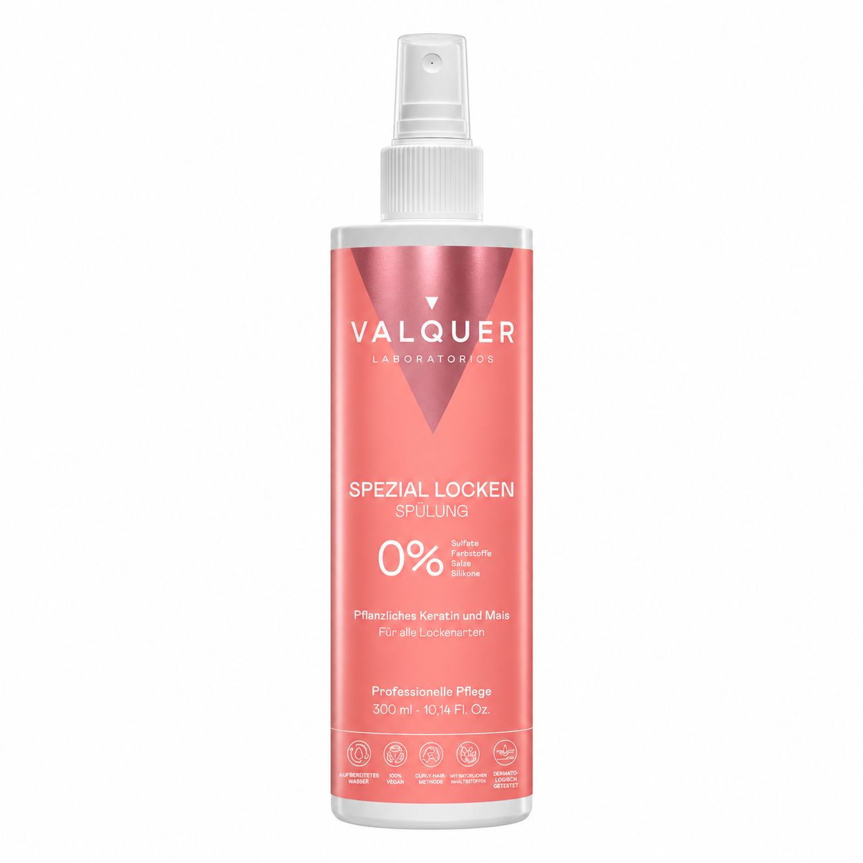 Flasche mit rosa Pumpsprühflasche, beschriftet mit 'VALQUER SPECIAL CURLS CONDITIONER'.