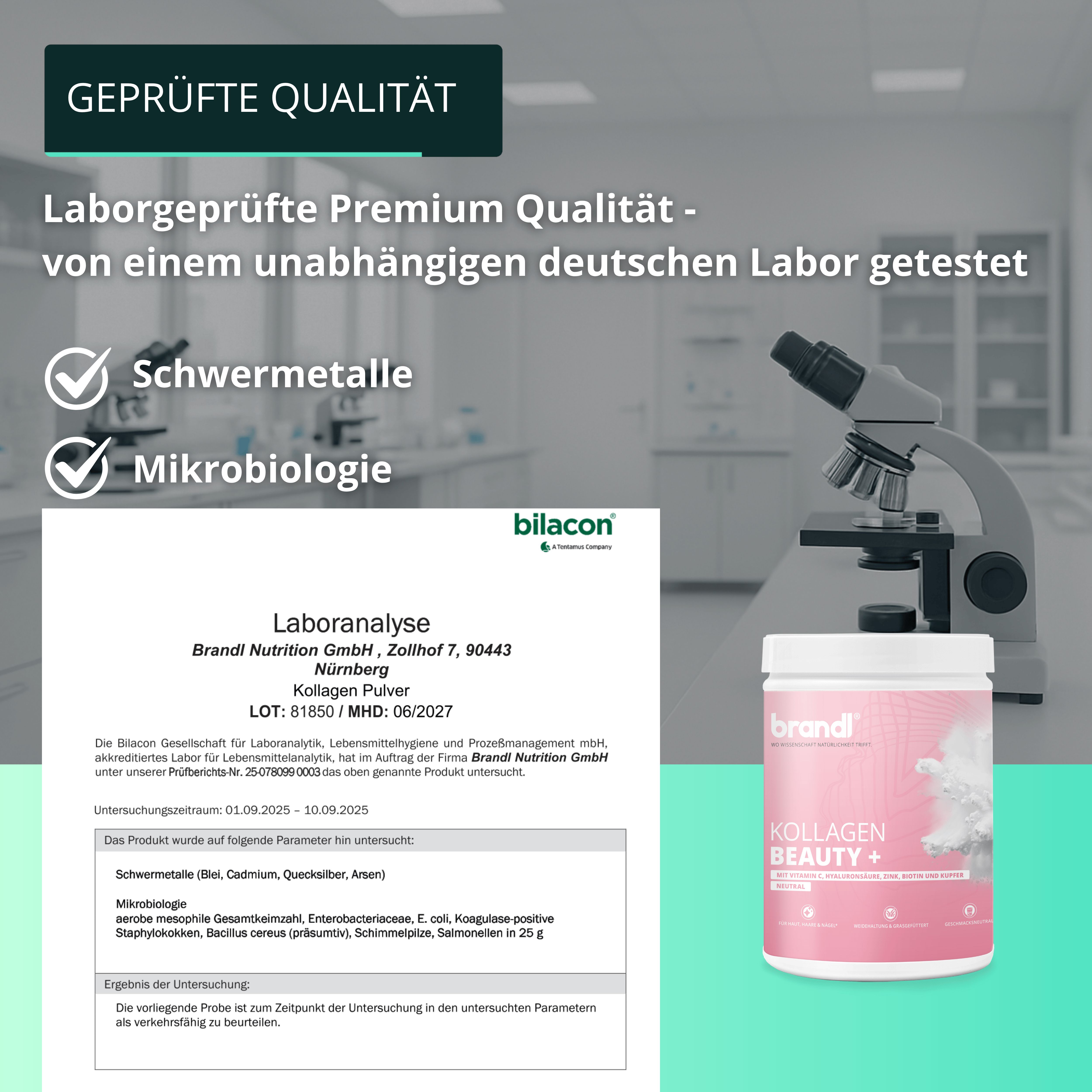 Produktglas "brandl® Kollagen Beauty +" neben Laboranalyse. Text: Laborgeprüfte Premium Qualität. Zertifizierungen: Schwermetalle, Mikrobiologie.