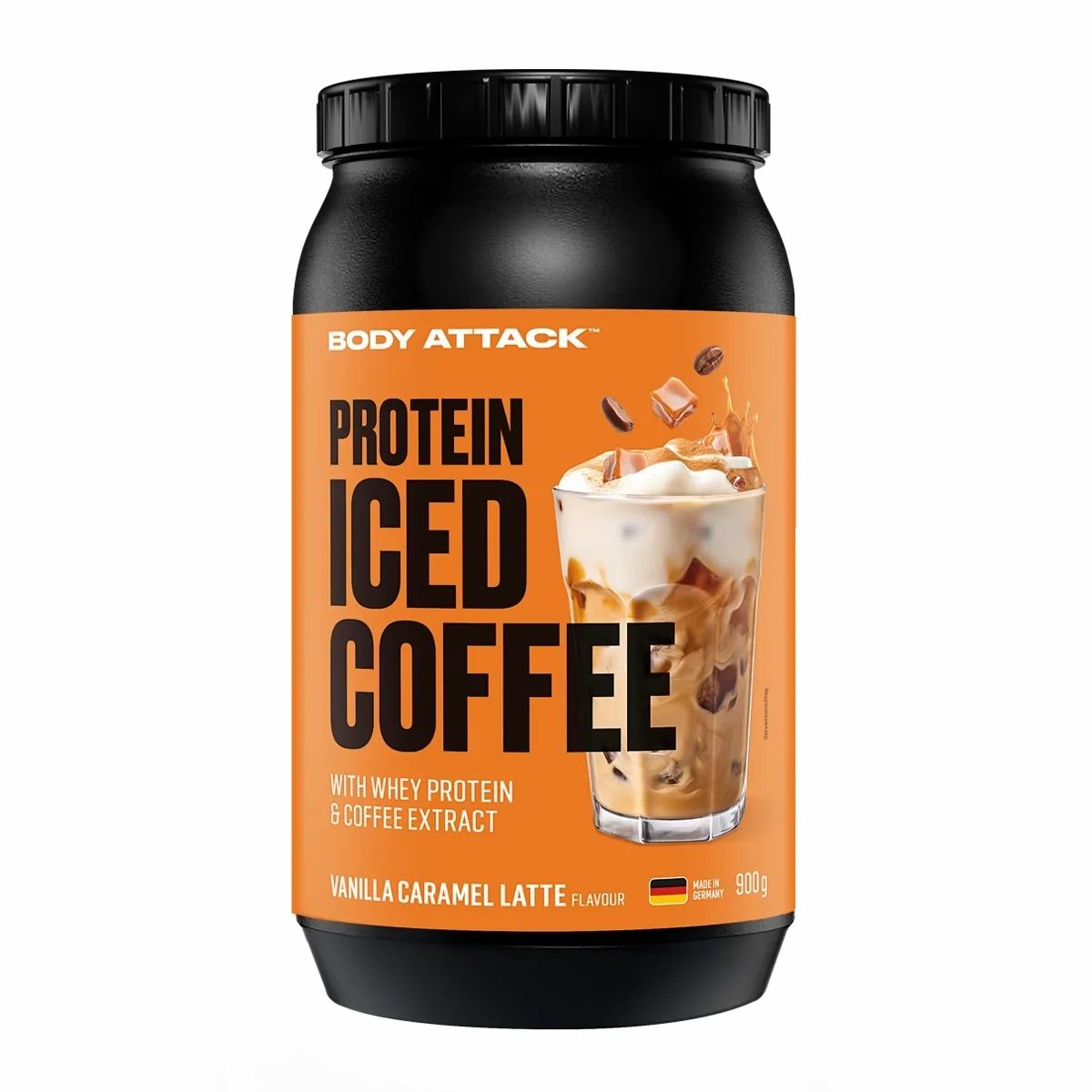 Body Attack Protein Iced Coffee, Vanille Karamell Latte Geschmack. 900g Dose mit Whey Protein und Kaffeeextrakt.