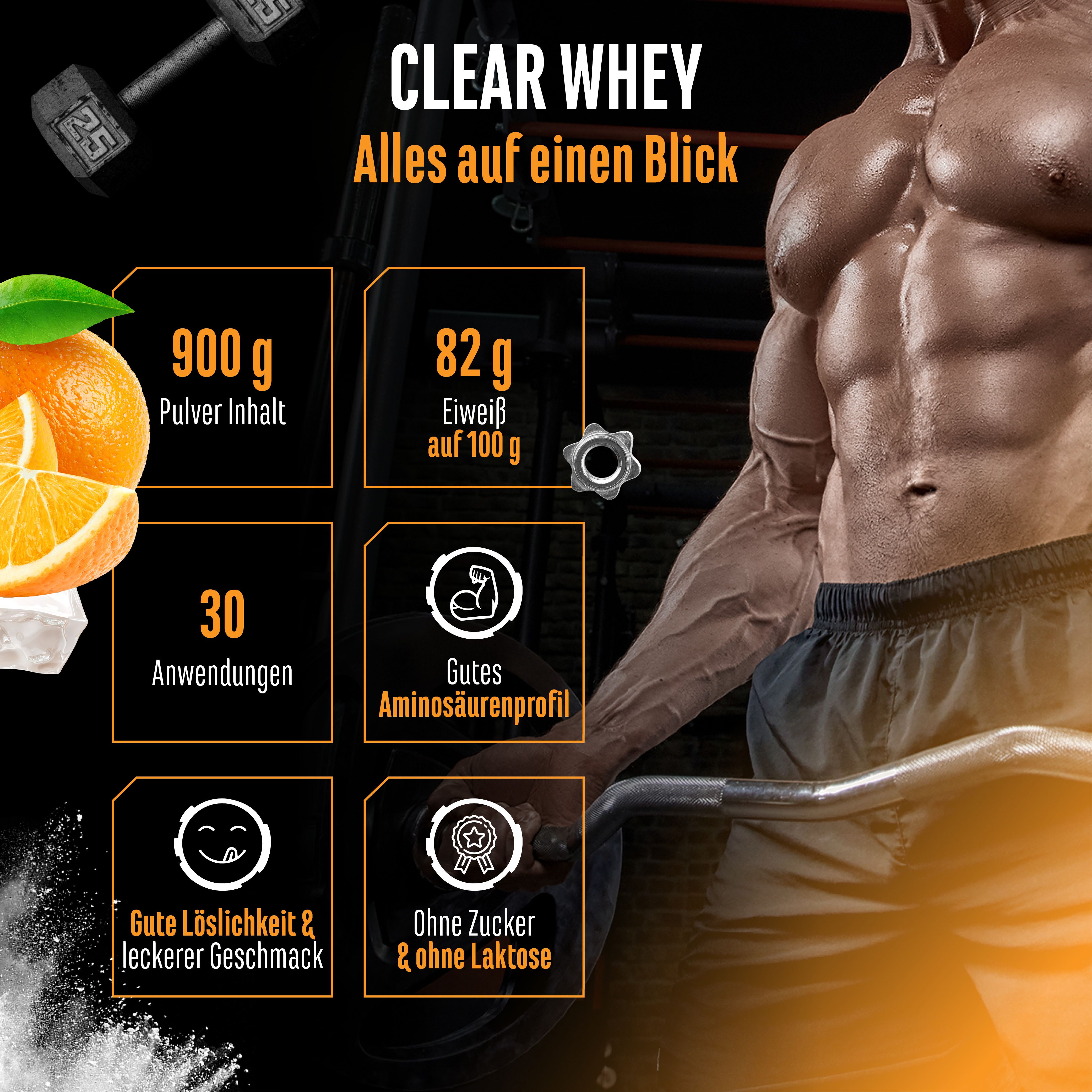 Werbebild für Clear Whey Protein. Informationen zu Inhalt, Proteingehalt, Portionen, Aminosäurenprofil, Geschmack und Zuckerfreiheit.