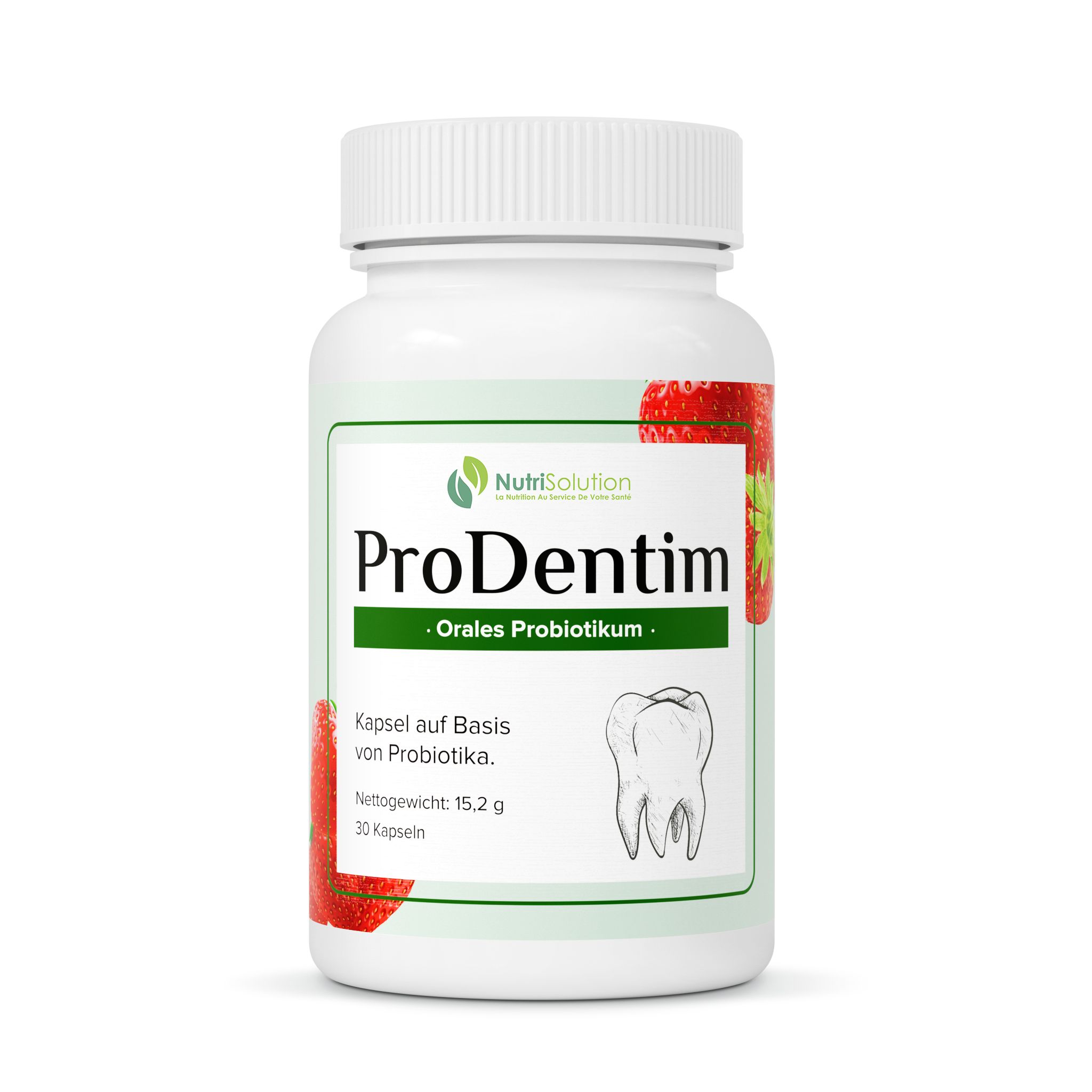NutriSolution ProDentim Kapsel mit Erdbeer-Design. Enthält 30 Kapseln.