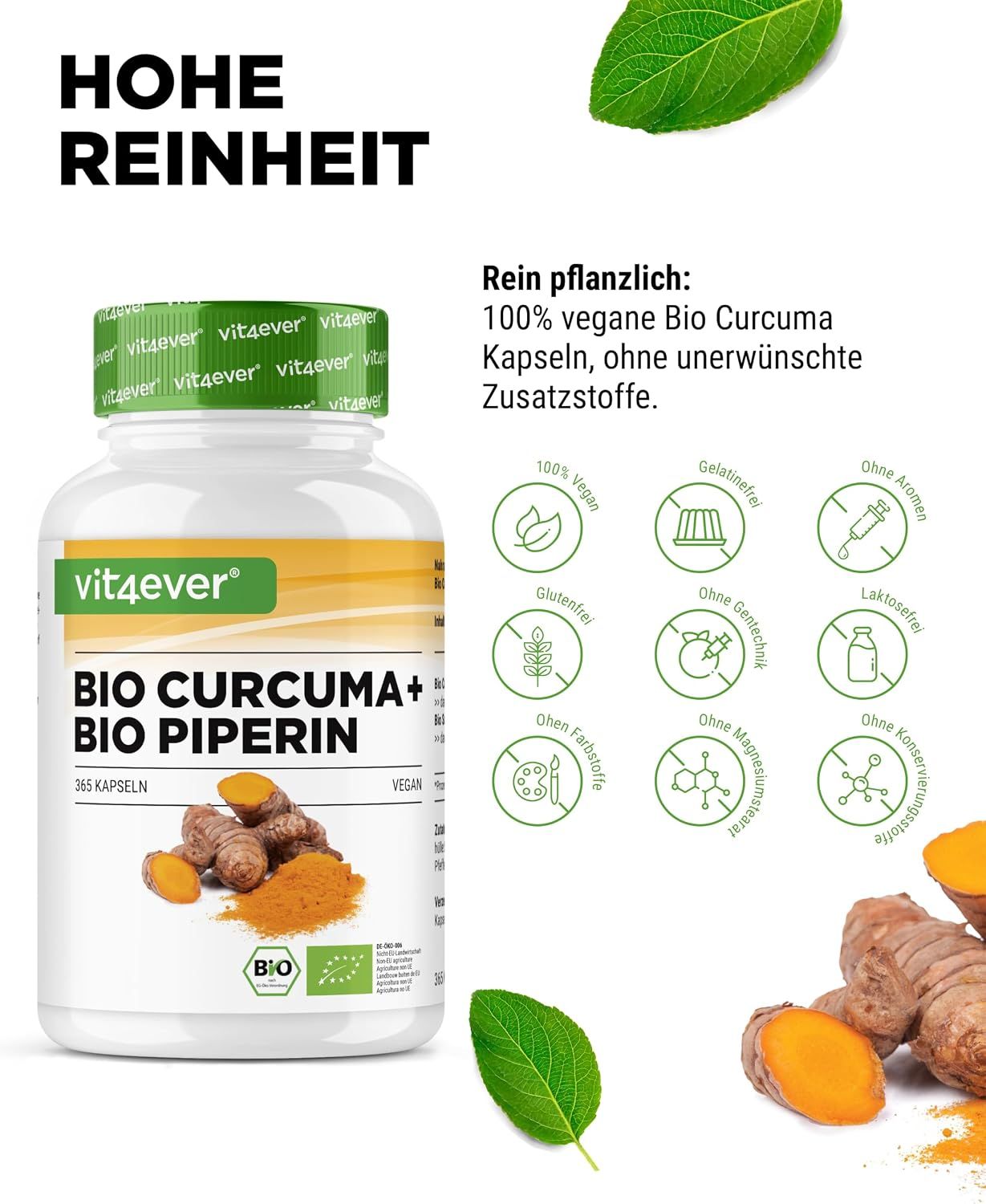 Vit4ever Bio Curcuma + Bio Piperin Dose mit Icons für vegan, glutenfrei und laktosefrei.