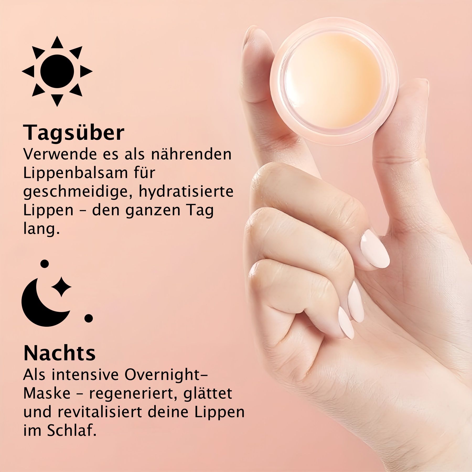 Hand mit geöffnetem Tiegel. Text: Tagsüber, als Lippenpflege. Nachts, als Overnight-Maske. COSRX.