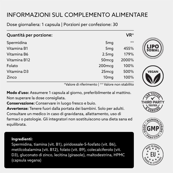 Informationen zum Nahrungsergänzungsmittel. Inhaltsstoffe, Dosierung, Nährwertangaben, Zertifizierungen: Lipo Somal, Vegan, Third Party Tested, GMP.