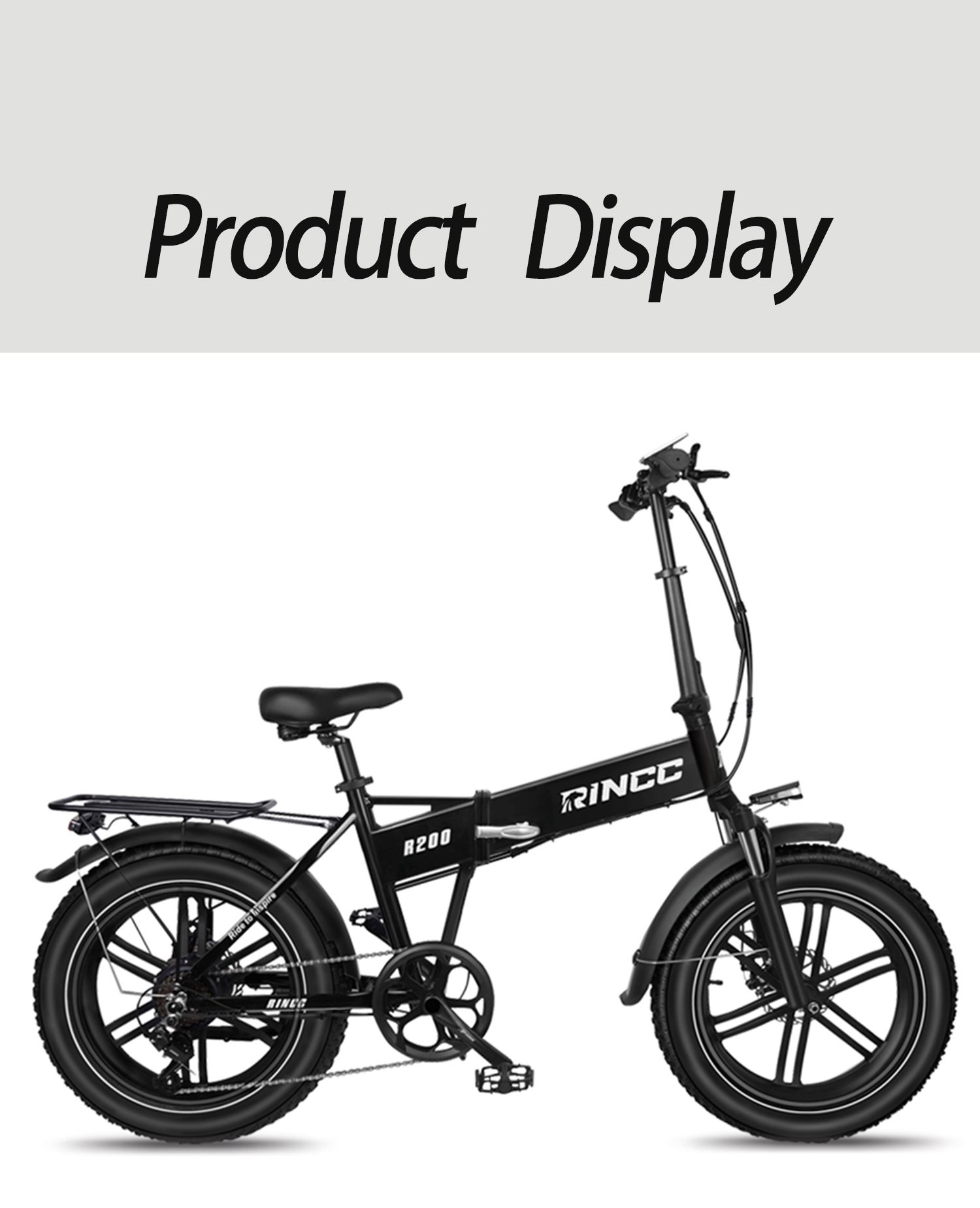 Schwarzes, zusammengeklapptes Elektrofahrrad. Gepäckträger, Kotflügel, Sattel, Reifen. Text "R200" und "RINCC".