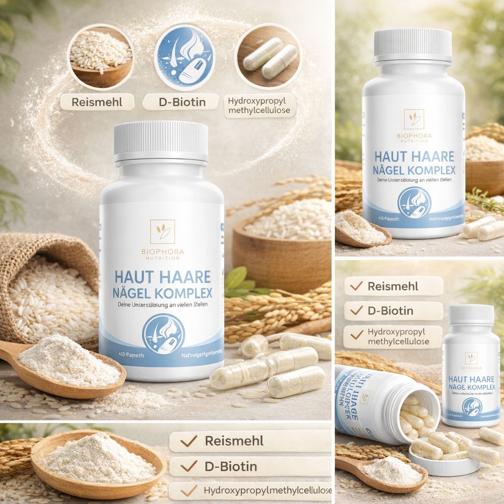 Flasche mit Kapseln, Reis, Zutaten. Aufschrift: Haut Haare Nägel Komplex. Zutaten: Reis, D-Biotin, Hydroxypropylmethylcellulose.